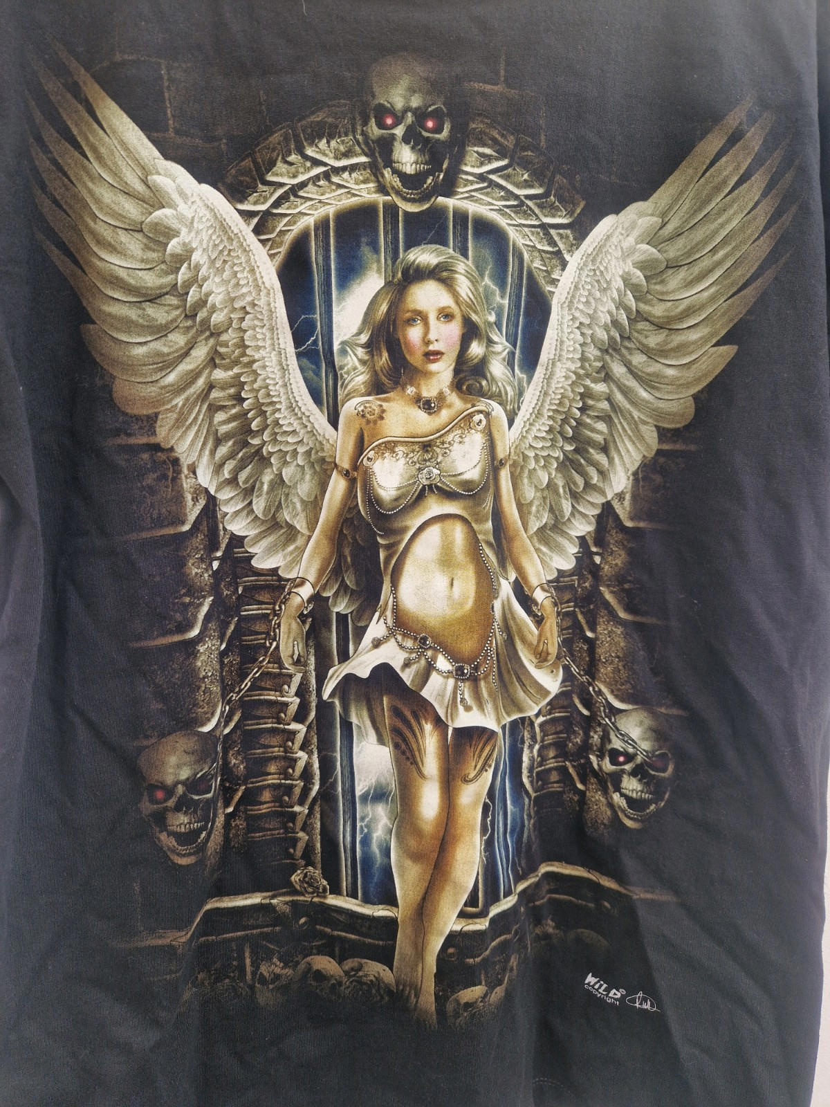 Y2k Gothic Angel Graphic Crew Neck T-shirt Uk Size L On A Wild Label 100% Cotton