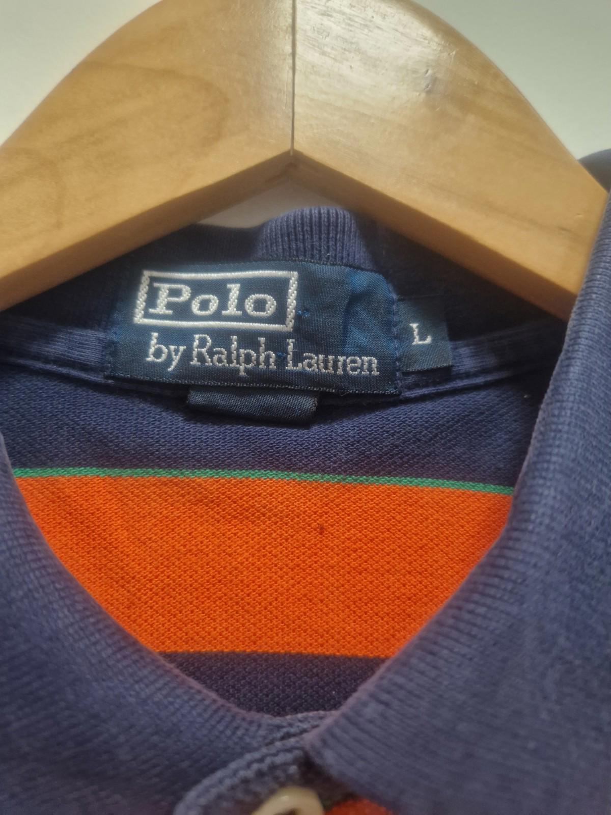 Vintage Ralph Lauren Navy & Orange Striped Polo Shirt Uk L Gc