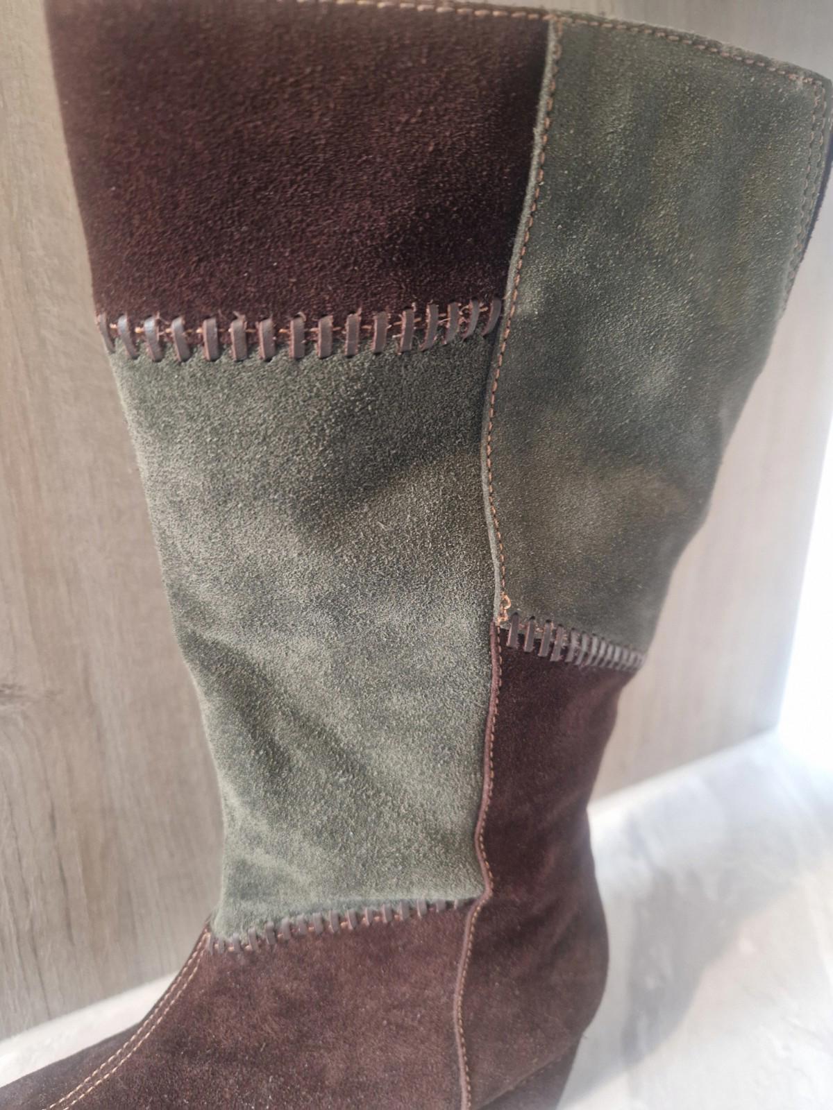 K By Clarks Ladies Suede Brown & Green Patchwork Wedge  Boots Full Side Zip Uk 5