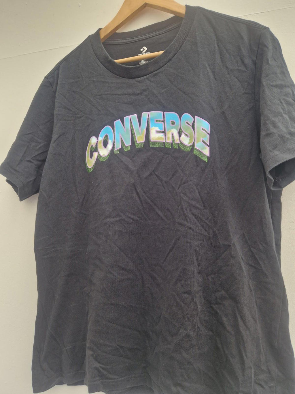 Converse Tie Die Front Spell Out Black Short Sleeved  T- Shirt Gc Uk Size L