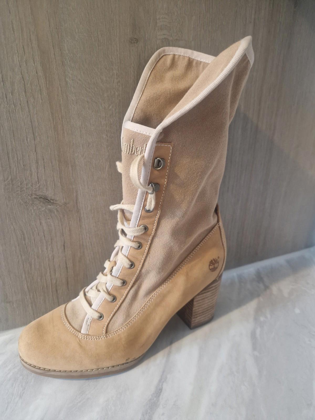 Timberland Womens Combat  Beige Canvas Knee High Boots  Block Heel Uk Size 5.5