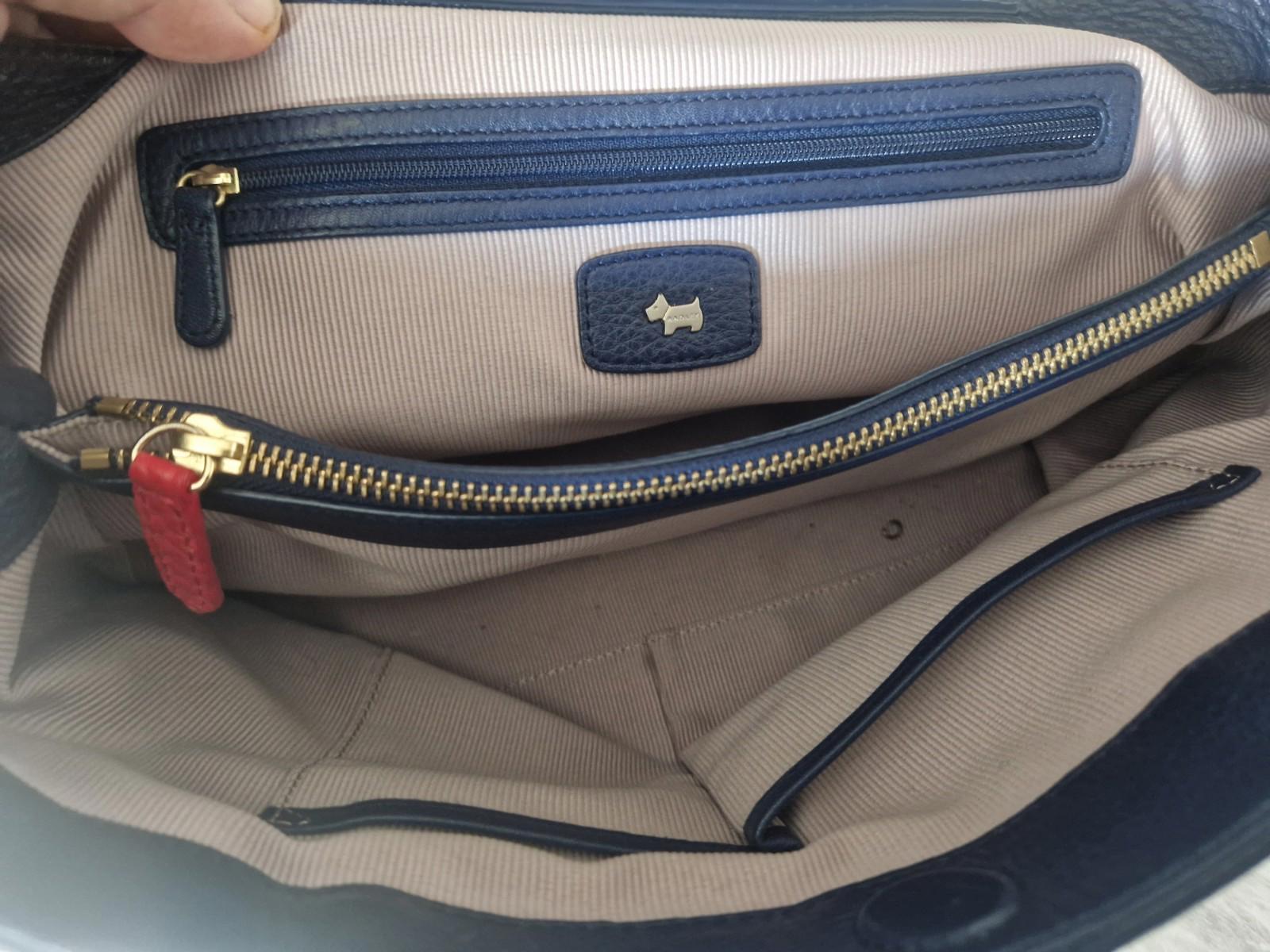Radley Navy Leather shoulder bag with light blue handles red Leather Accents