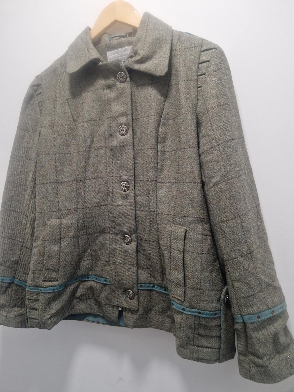 Hannah Wright Ladies Beautiful Check Tweed  Blue Trim Jacket Uk 12 Made In Wales