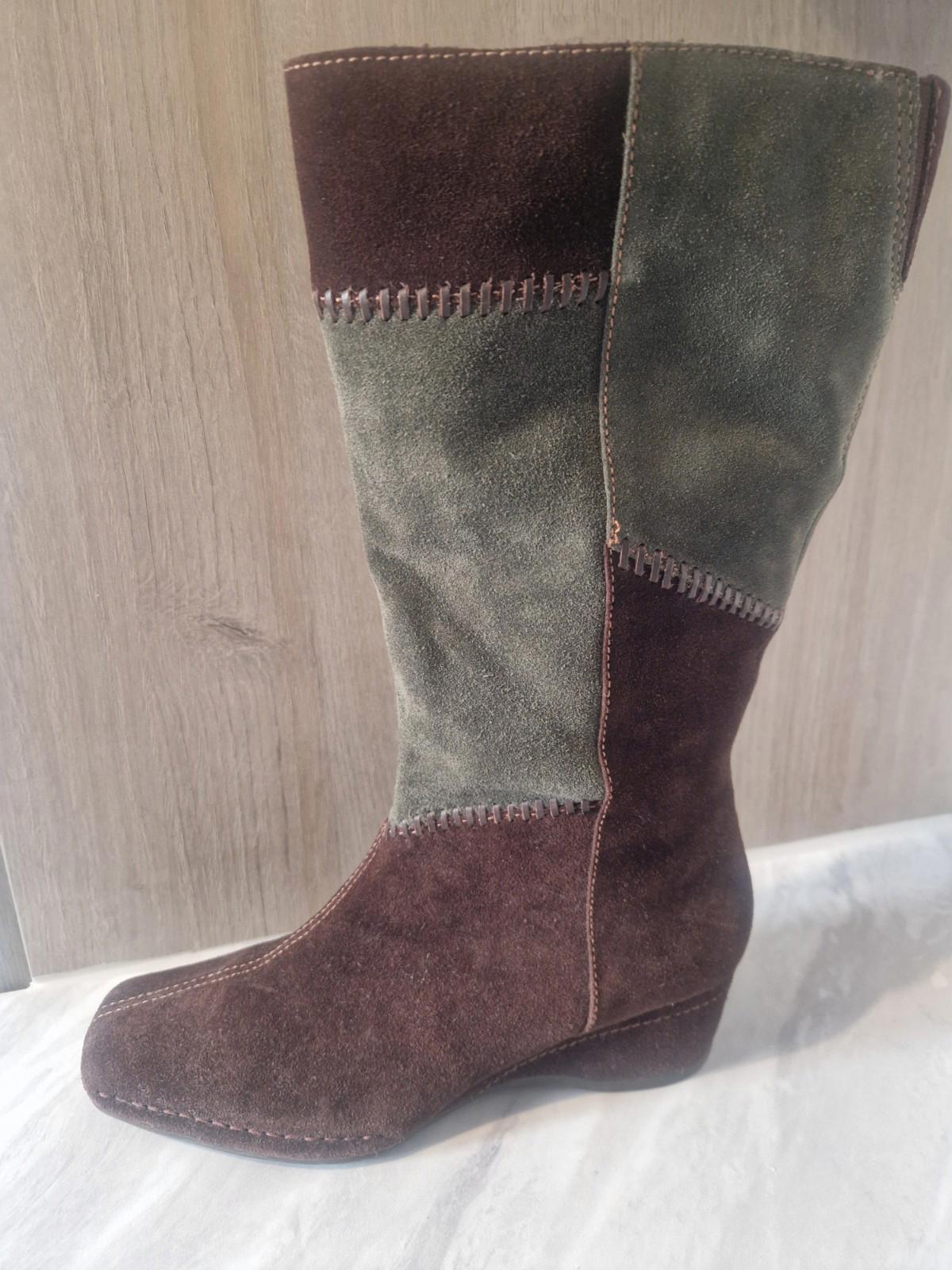 K By Clarks Ladies Suede Brown & Green Patchwork Wedge  Boots Full Side Zip Uk 5