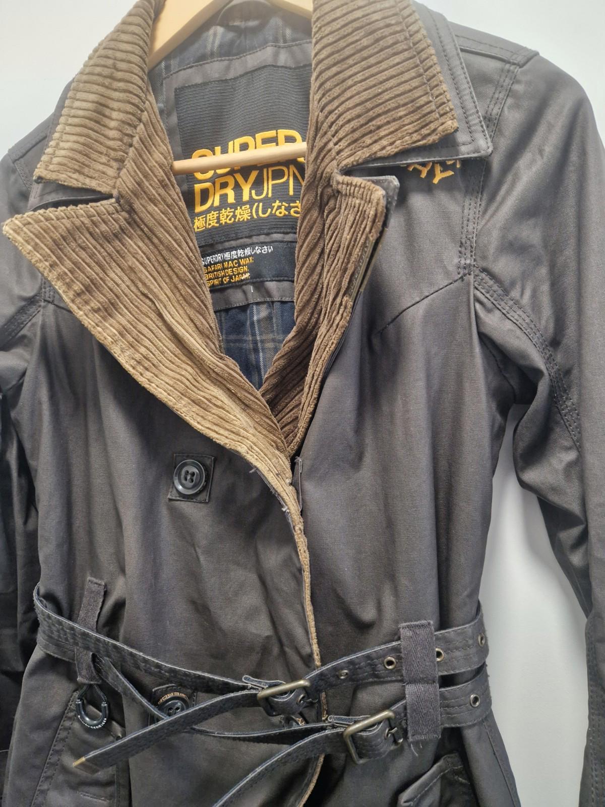 Superdry Safari Mac Wax Coat Brown Double Breasted Waxed Jacket Uk M Size 12-14