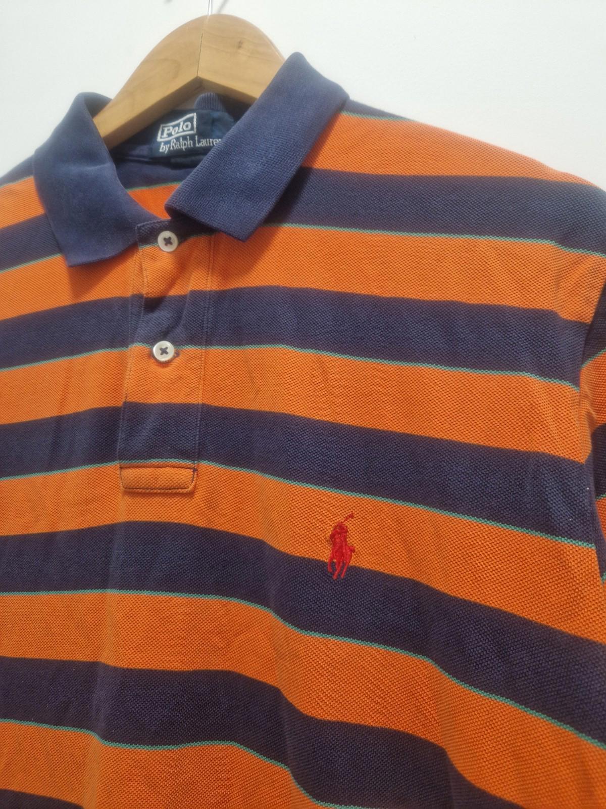 Vintage Ralph Lauren Navy & Orange Striped Polo Shirt Uk L Gc