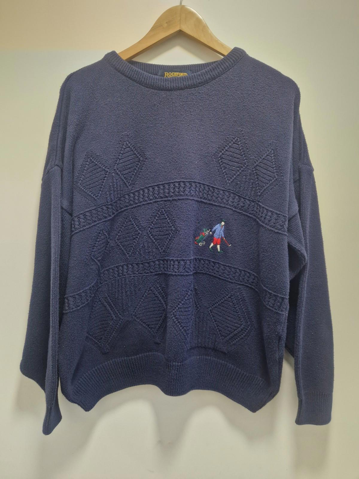 Vintage Rochford Made In England  Golf Embroidered  Navy Blue Jumper Uk L Cotton