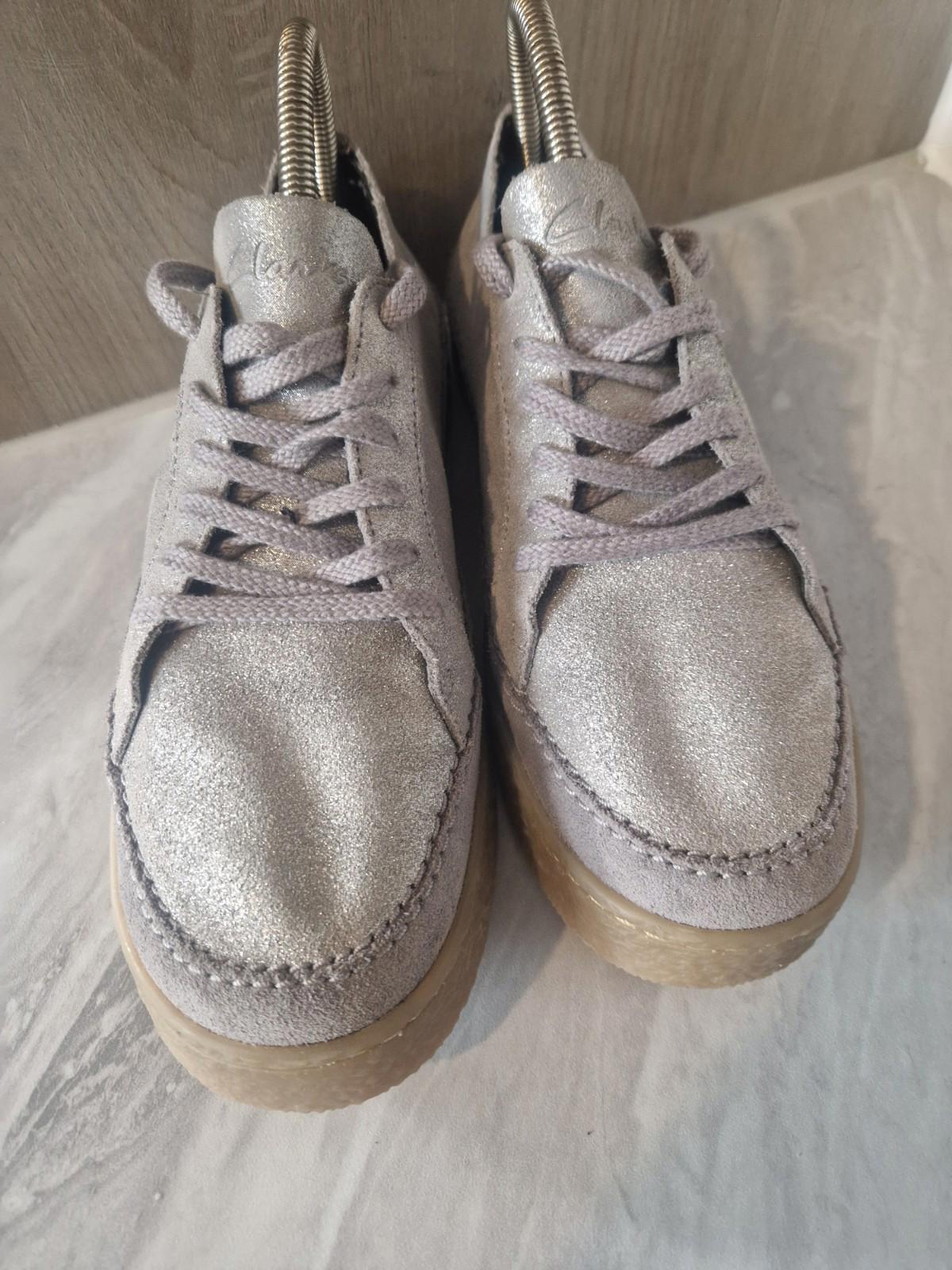 Clarks Barleigh lace silver glitter grey  Suede shoe Gum Sole Uk Size 6.5 Gc