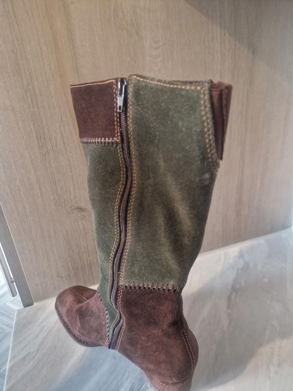 K By Clarks Ladies Suede Brown & Green Patchwork Wedge  Boots Full Side Zip Uk 5
