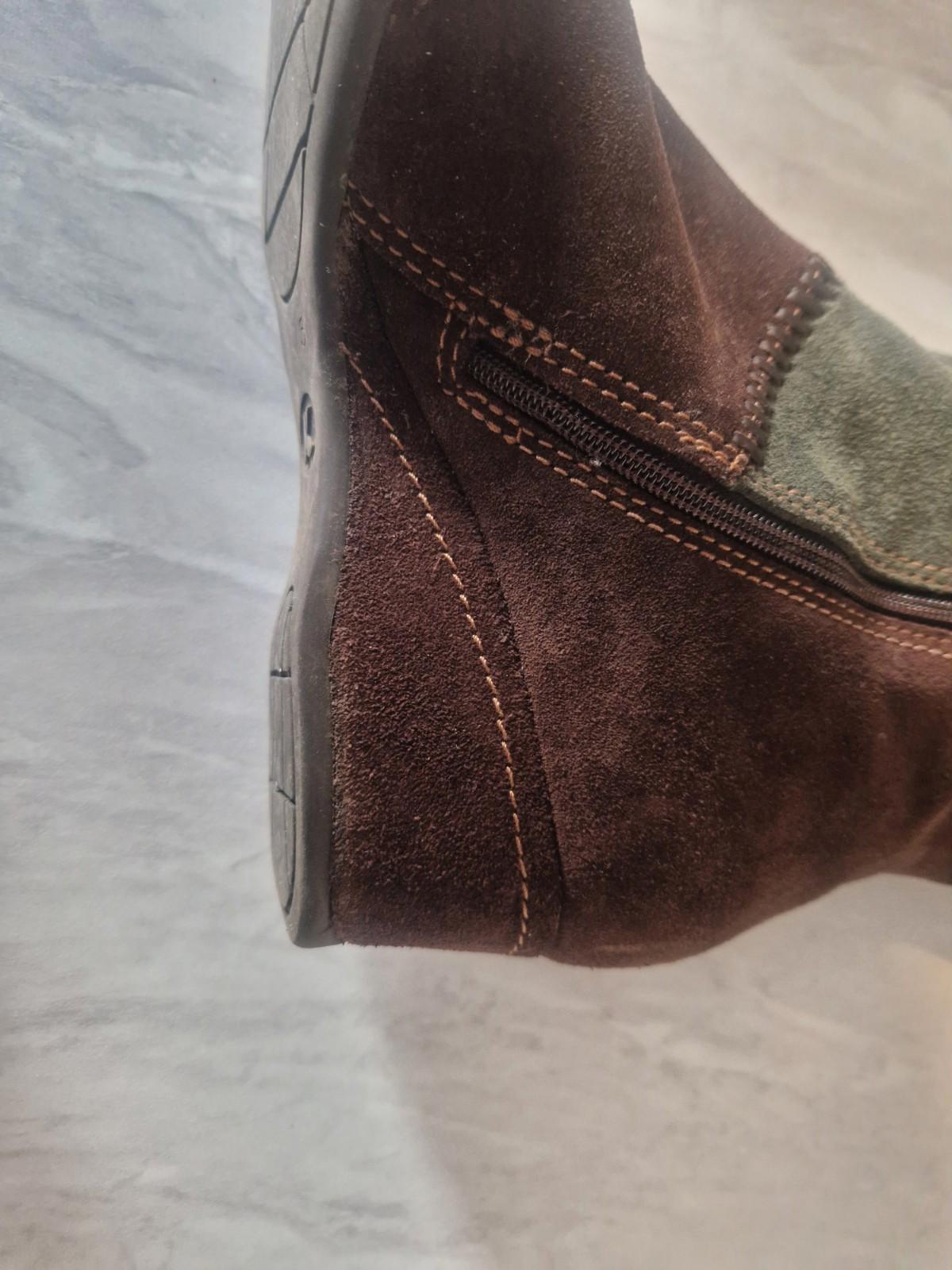 K By Clarks Ladies Suede Brown & Green Patchwork Wedge  Boots Full Side Zip Uk 5