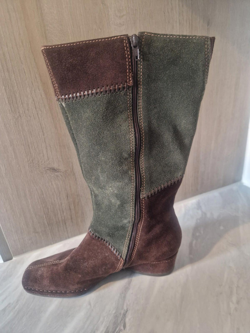 K By Clarks Ladies Suede Brown & Green Patchwork Wedge  Boots Full Side Zip Uk 5