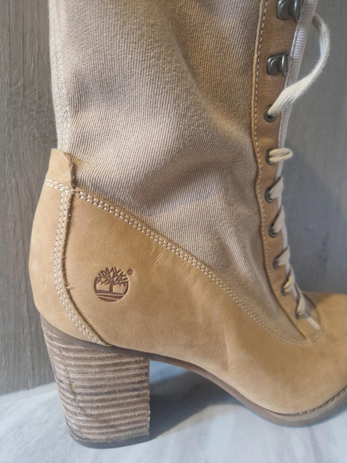 Timberland Womens Combat  Beige Canvas Knee High Boots  Block Heel Uk Size 5.5