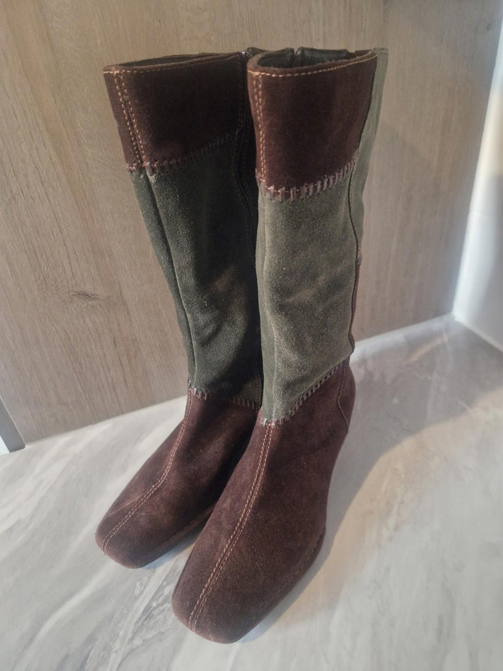 K By Clarks Ladies Suede Brown & Green Patchwork Wedge  Boots Full Side Zip Uk 5