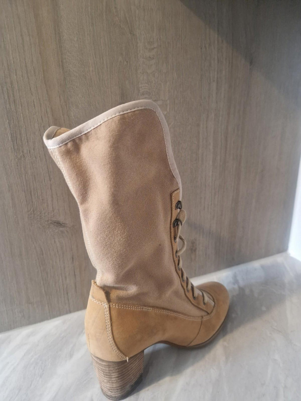 Timberland Womens Combat  Beige Canvas Knee High Boots  Block Heel Uk Size 5.5