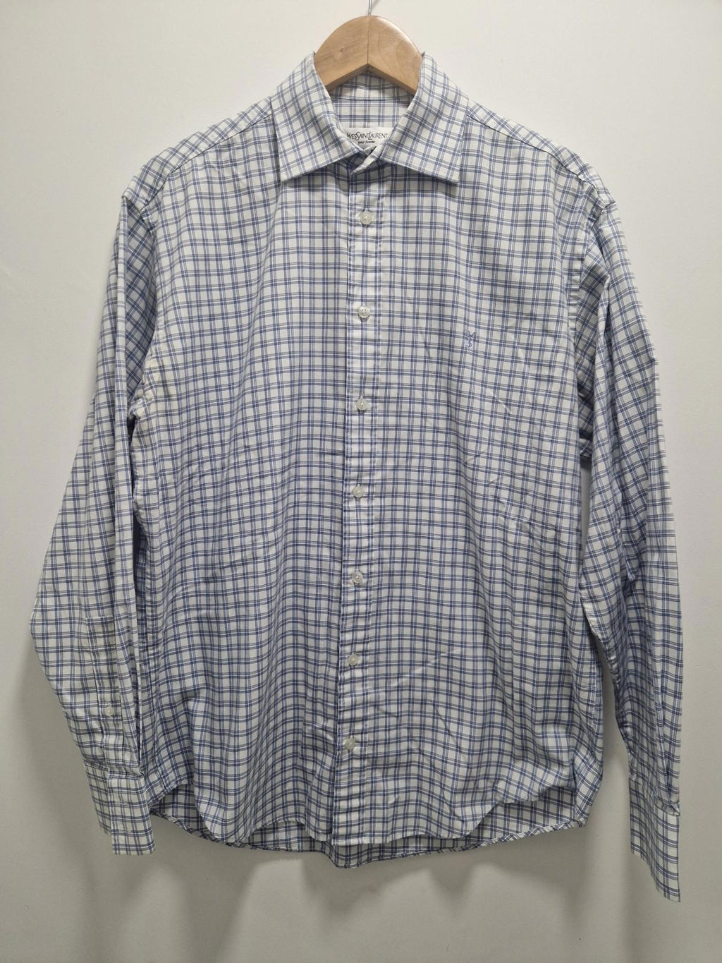 YSL Mens Blue & White Checked Shirt Cotton Preowened  Uk Size M Gc