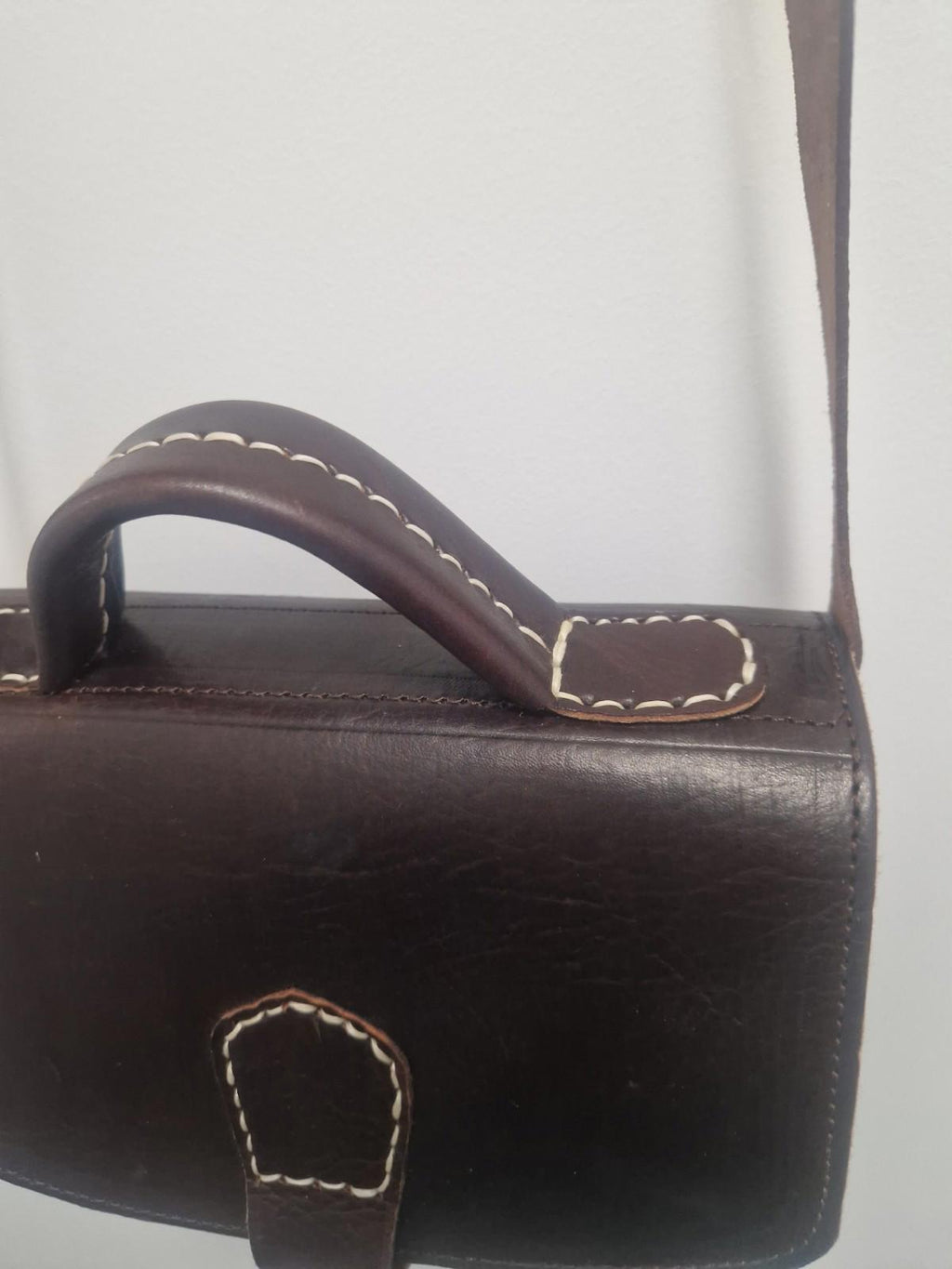 Handmade Quality Brown Leather Satchel Top Handle  Chunky Stitch Preowened Gc