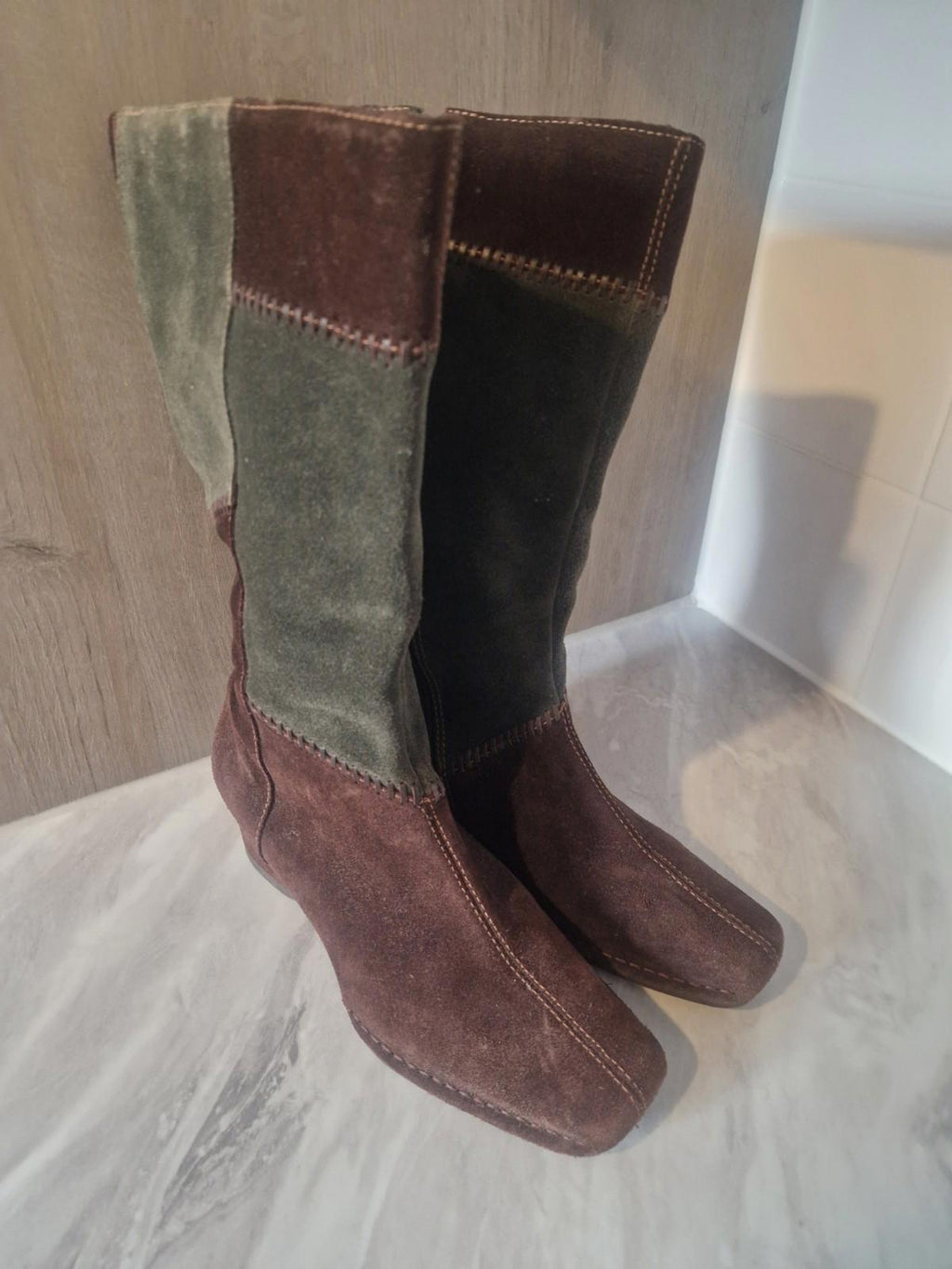 K By Clarks Ladies Suede Brown & Green Patchwork Wedge  Boots Full Side Zip Uk 5