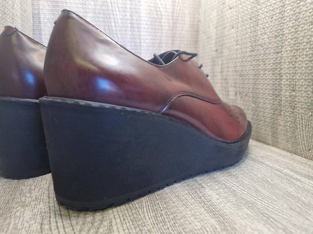 Clarks Narrative Burgundy Leather Game Oval Wedge Heel Shoes Lace Up Uk 8 D Vgc
