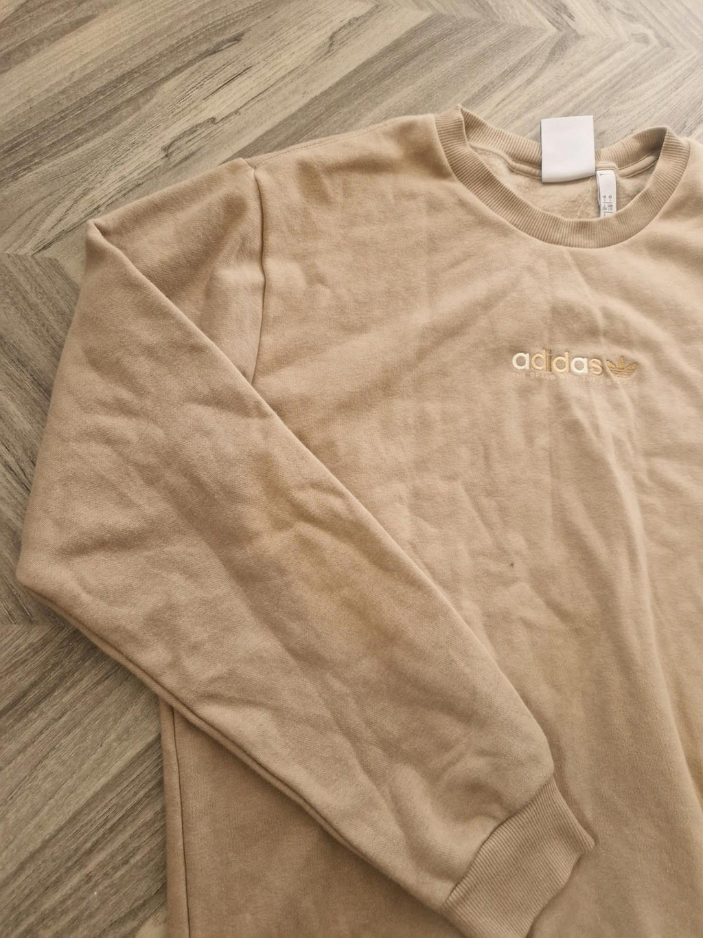 Adidas Beige Crew Neck Sweatshirt Trefoil Logo Front Central Hit  Uk L Gc