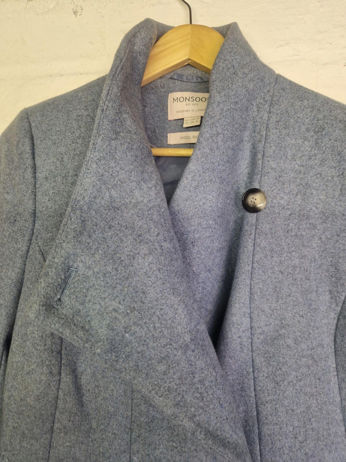 Monsoon  WoolRich Grey/Blue Double Breasted Wool Coat Vgc Uk Size 10