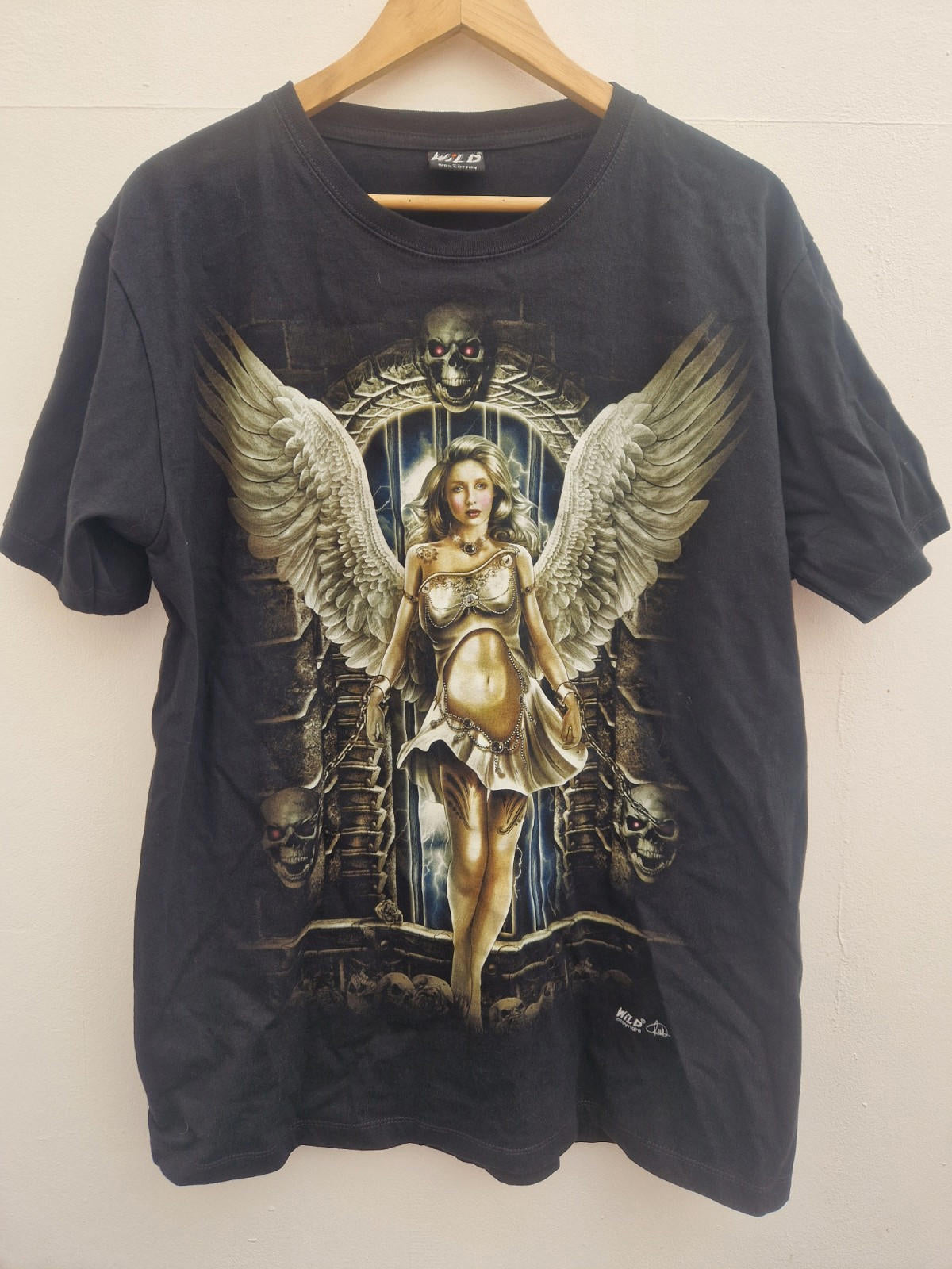 Y2k Gothic Angel Graphic Crew Neck T-shirt Uk Size L On A Wild Label 100% Cotton
