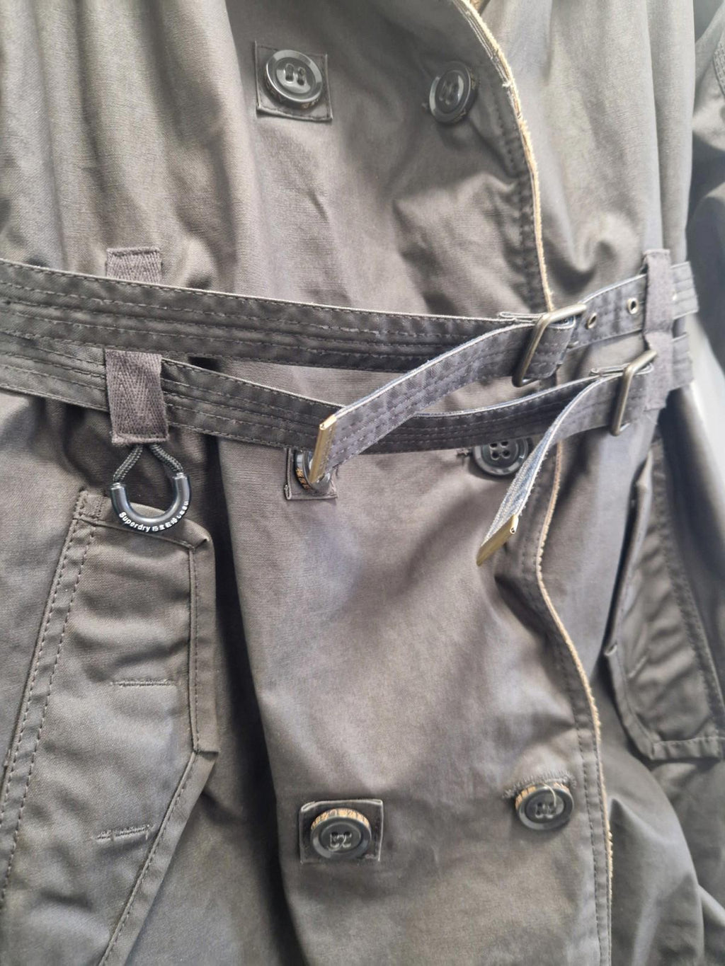 Superdry Safari Mac Wax Coat Brown Double Breasted Waxed Jacket Uk M Size 12-14