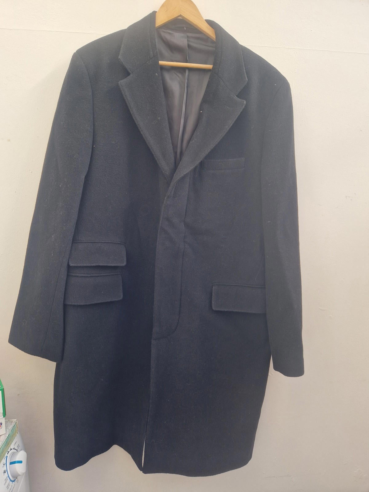 Henley & Knight Mens Black Over Coat Wool &  Cashmere  Blend Uk Size Xl  Gc