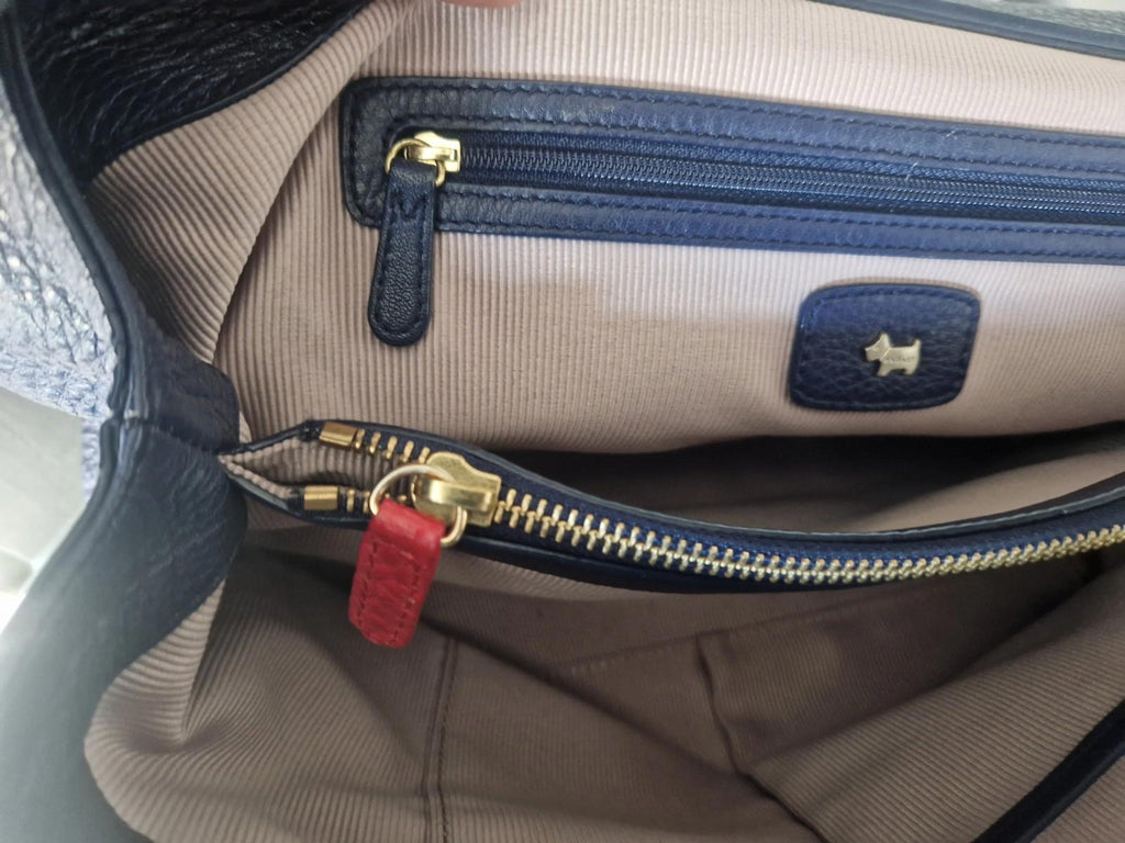Radley Navy Leather shoulder bag with light blue handles red Leather Accents
