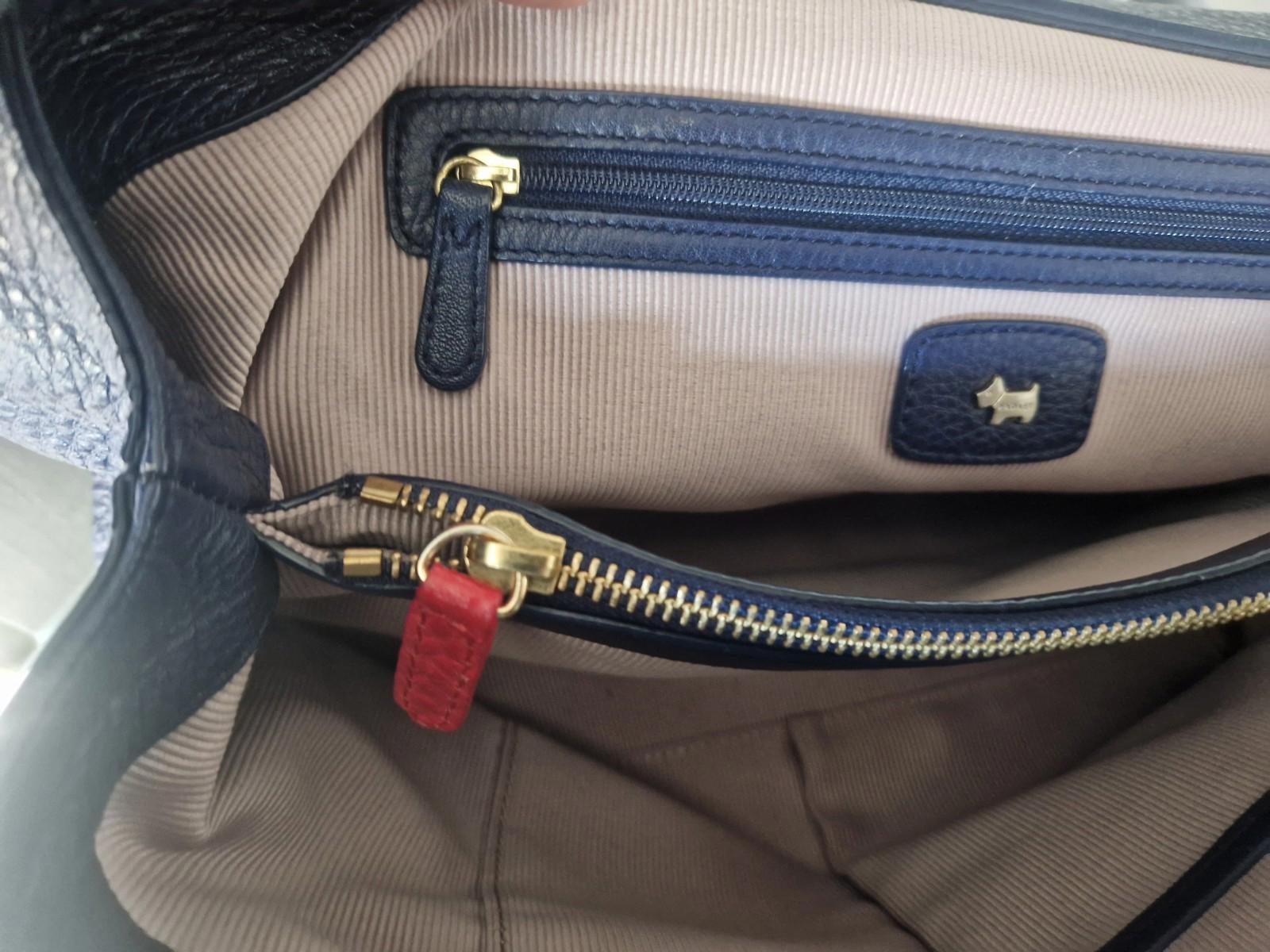 Radley Navy Leather shoulder bag with light blue handles red Leather Accents