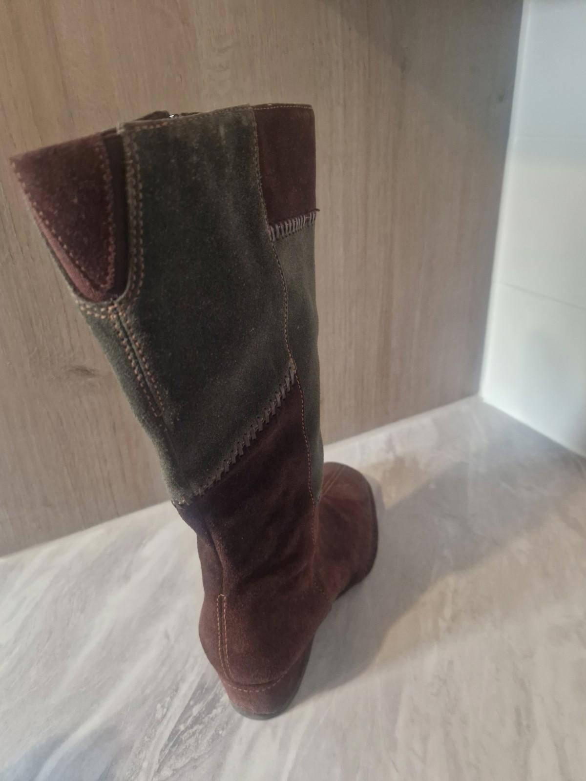 K By Clarks Ladies Suede Brown & Green Patchwork Wedge  Boots Full Side Zip Uk 5