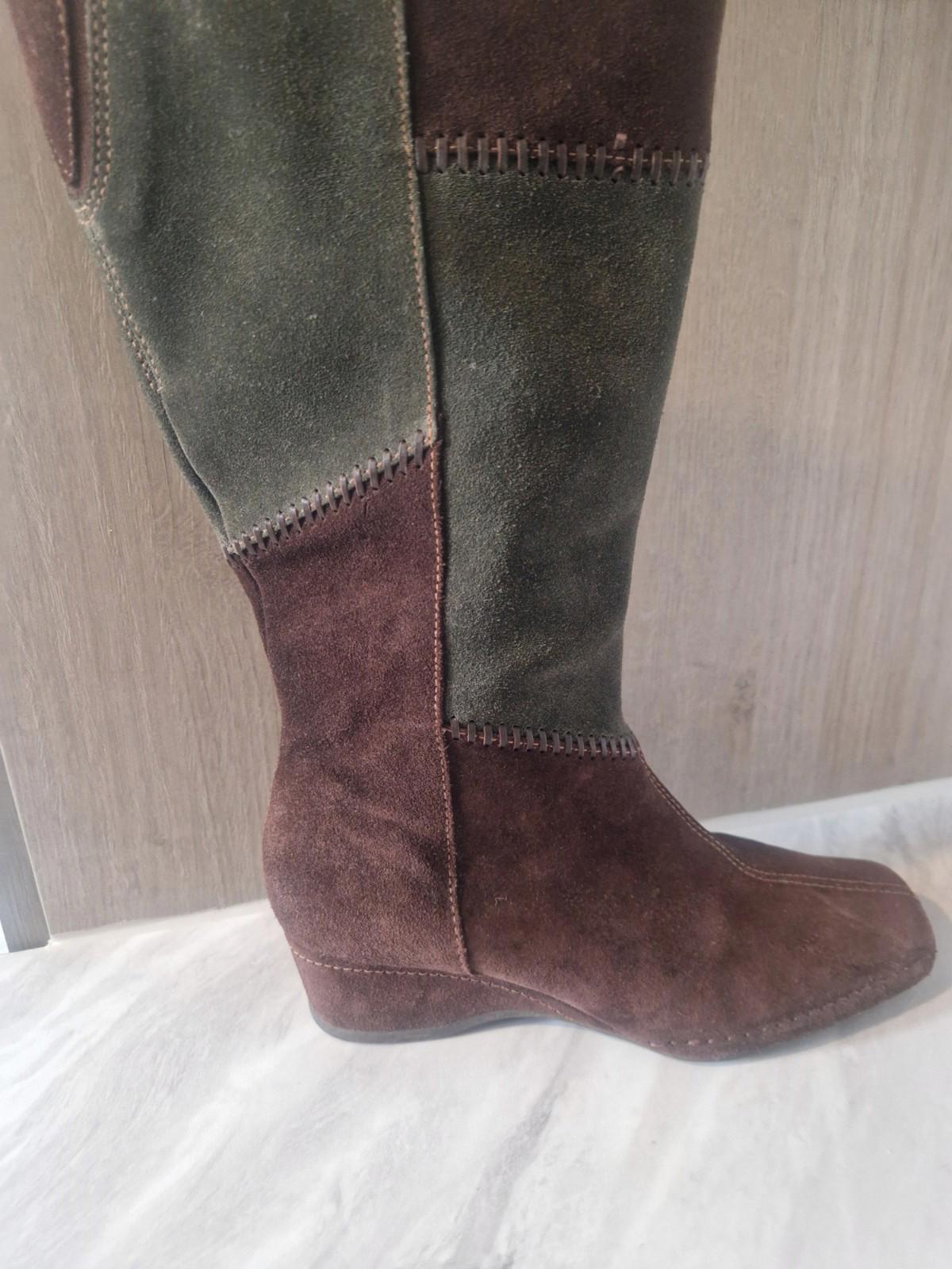 K By Clarks Ladies Suede Brown & Green Patchwork Wedge  Boots Full Side Zip Uk 5