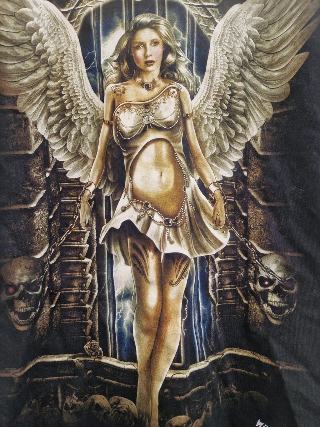 Y2k Gothic Angel Graphic Crew Neck T-shirt Uk Size L On A Wild Label 100% Cotton