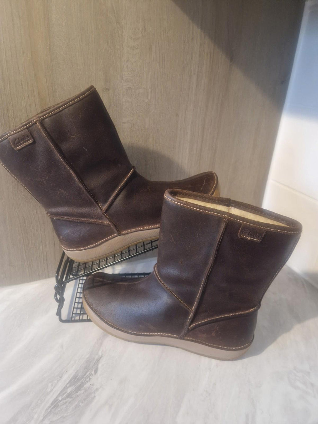 Clarks Ladies Flat Brown Leather Ankle Boots Wool Lined Uk Size 4.5 D Gc