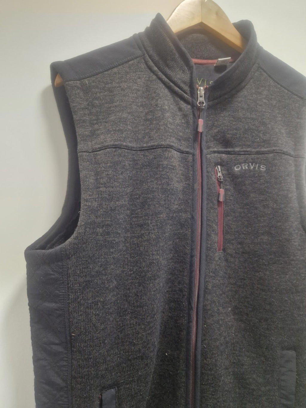 Orvis Gilet Jacket Mens L Large Grey Sweater Vest Fleece Knit Full Zip Gc