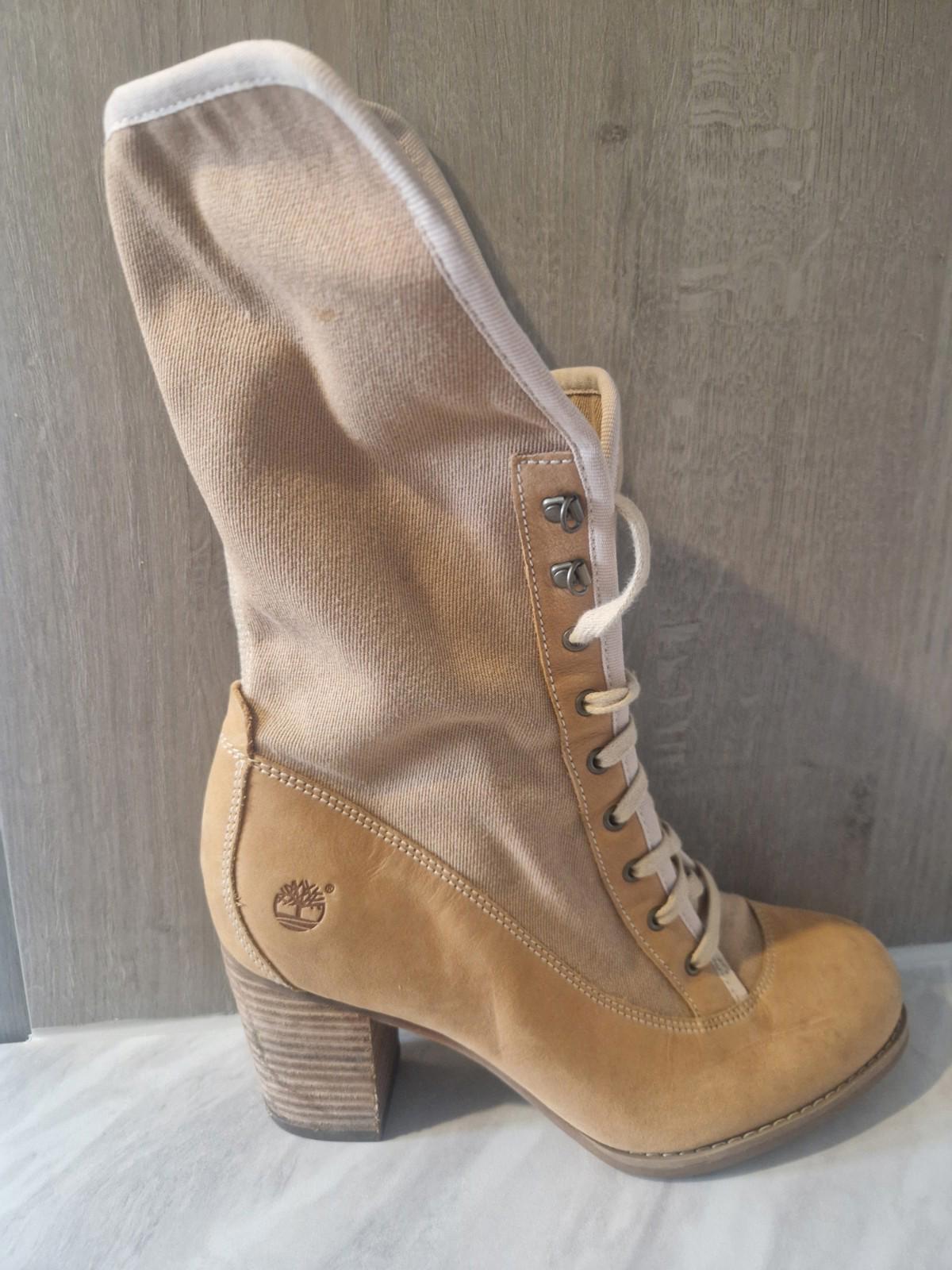 Timberland Womens Combat  Beige Canvas Knee High Boots  Block Heel Uk Size 5.5