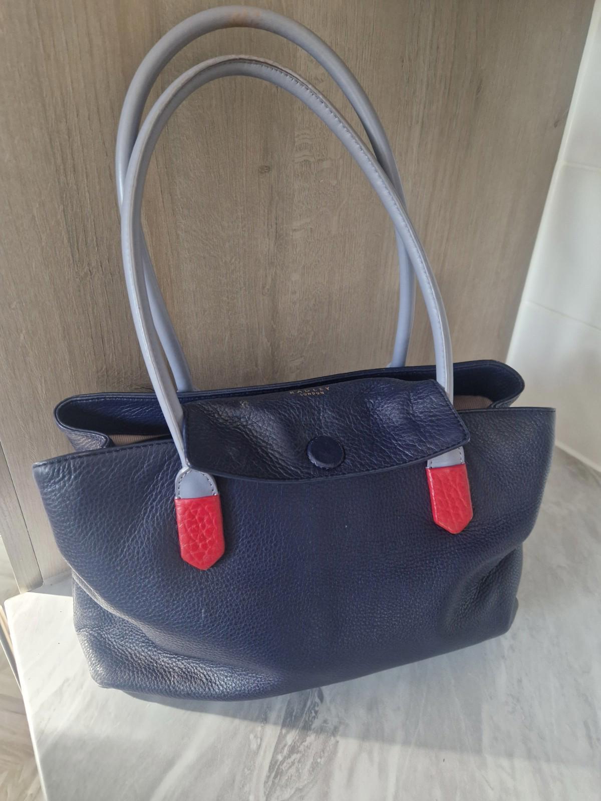 Radley Navy Leather shoulder bag with light blue handles red Leather Accents
