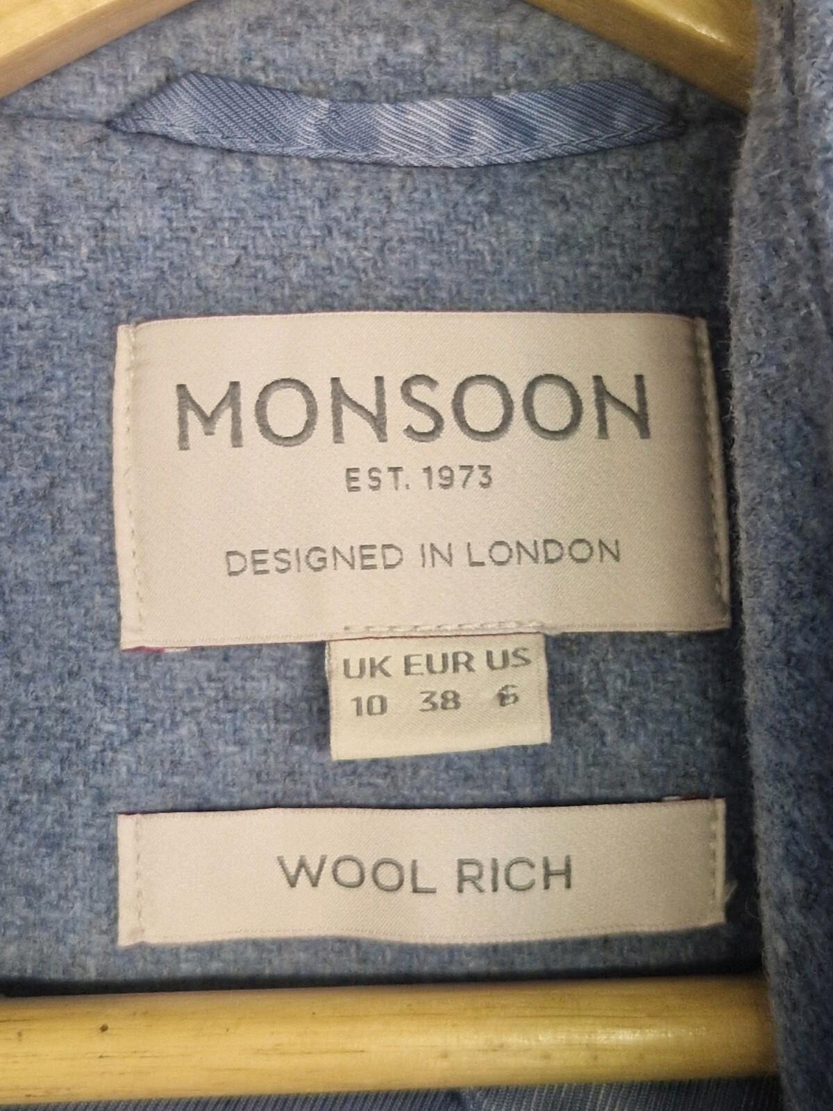 Monsoon  WoolRich Grey/Blue Double Breasted Wool Coat Vgc Uk Size 10
