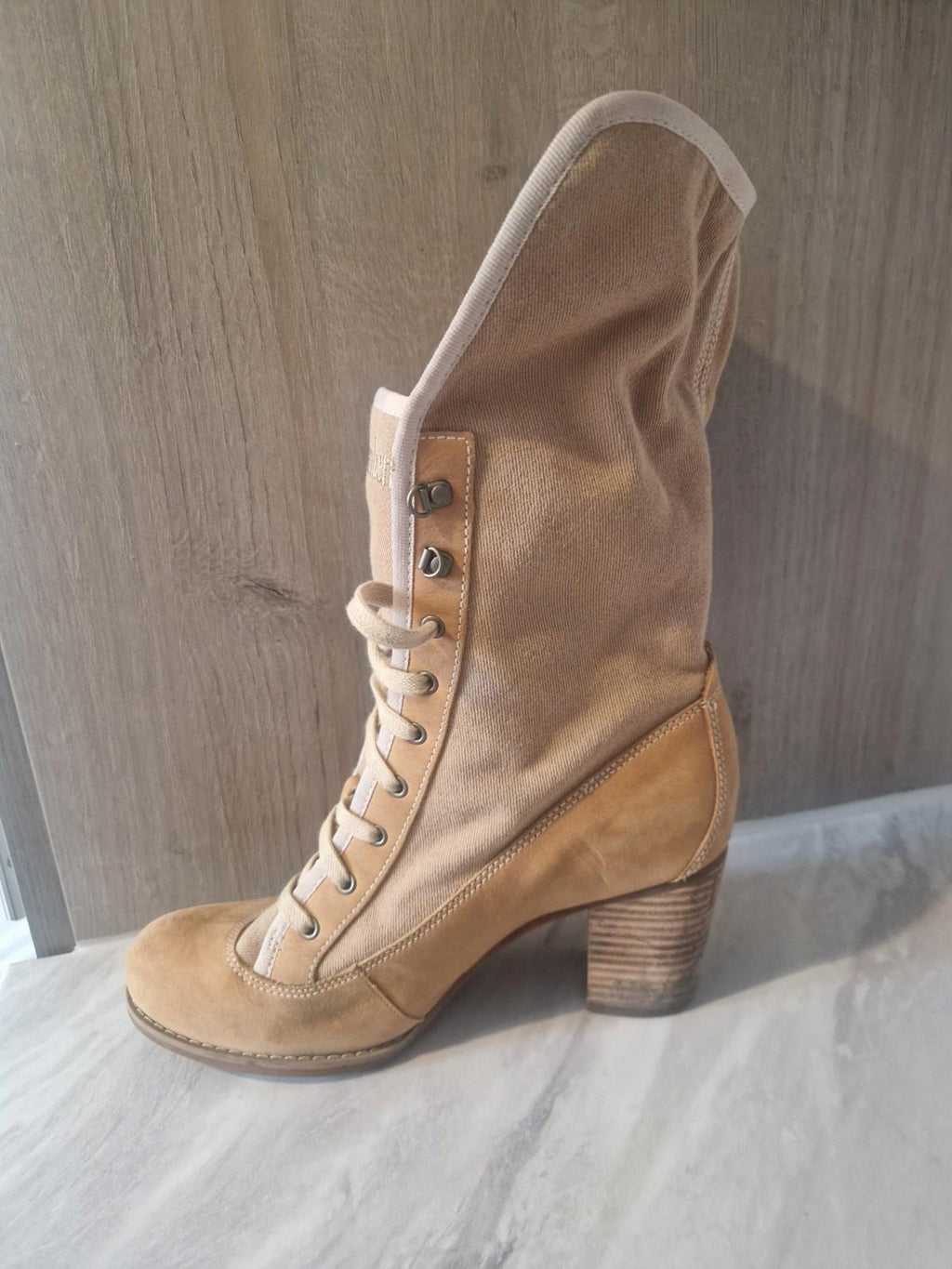 Timberland Womens Combat  Beige Canvas Knee High Boots  Block Heel Uk Size 5.5