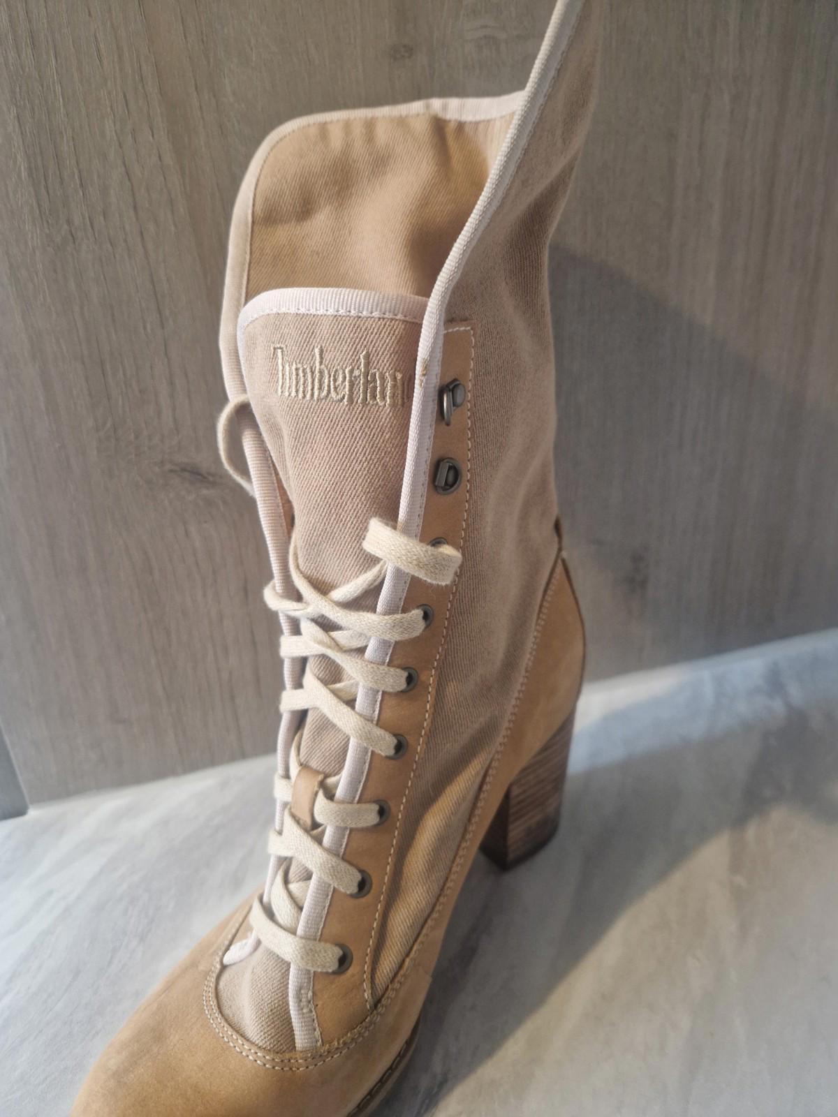 Timberland Womens Combat  Beige Canvas Knee High Boots  Block Heel Uk Size 5.5