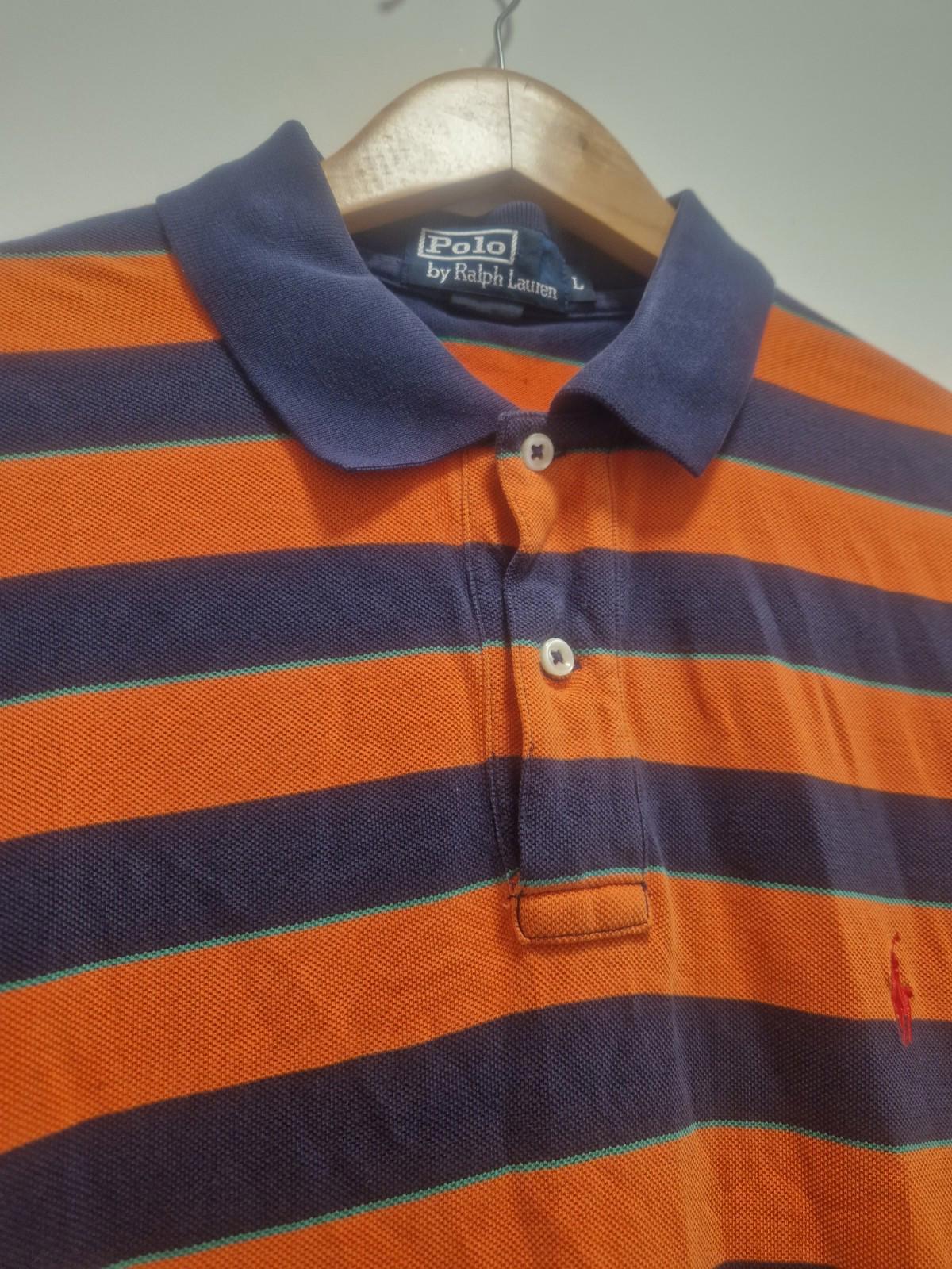 Vintage Ralph Lauren Navy & Orange Striped Polo Shirt Uk L Gc