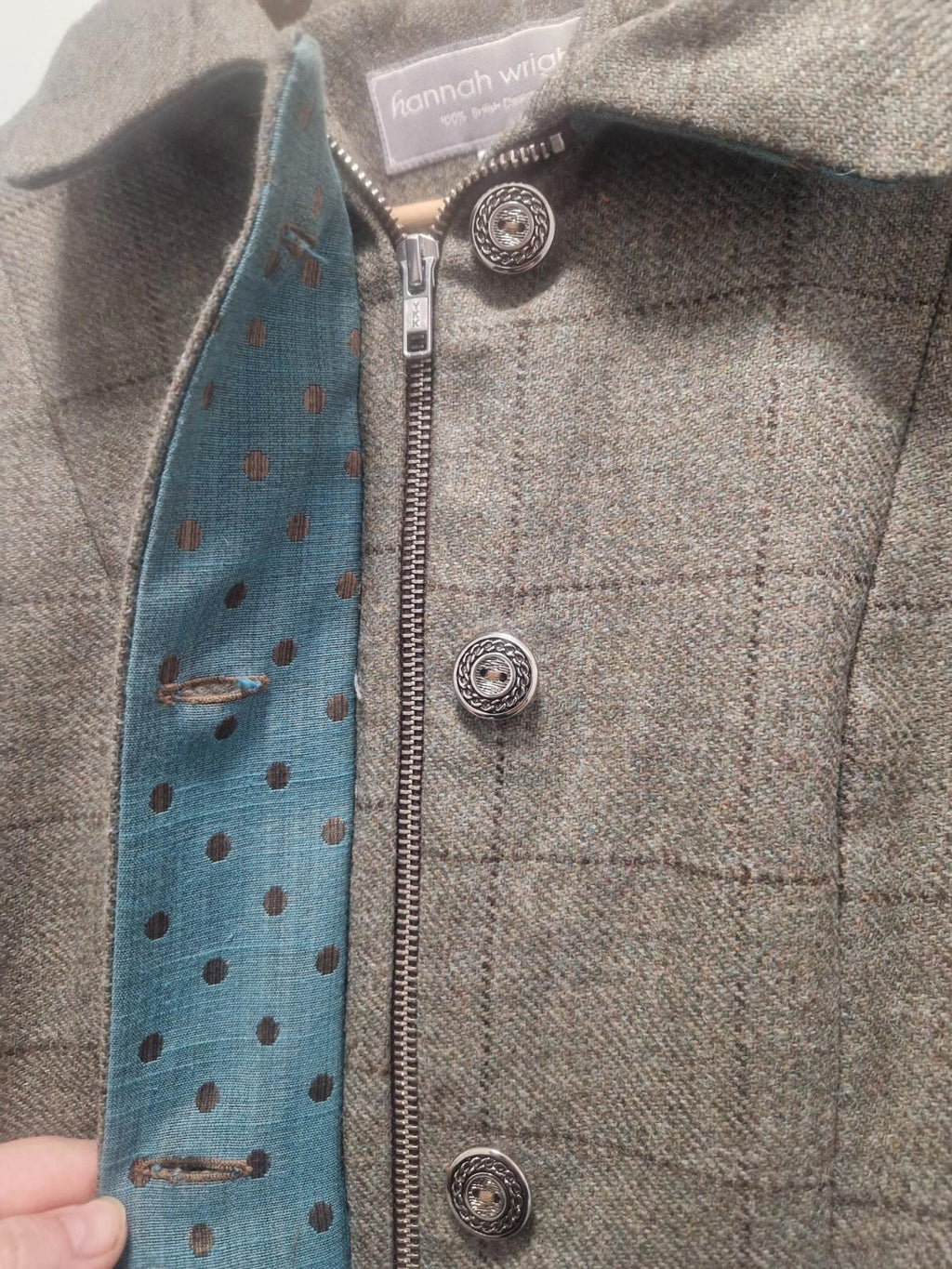 Hannah Wright Ladies Beautiful Check Tweed  Blue Trim Jacket Uk 12 Made In Wales