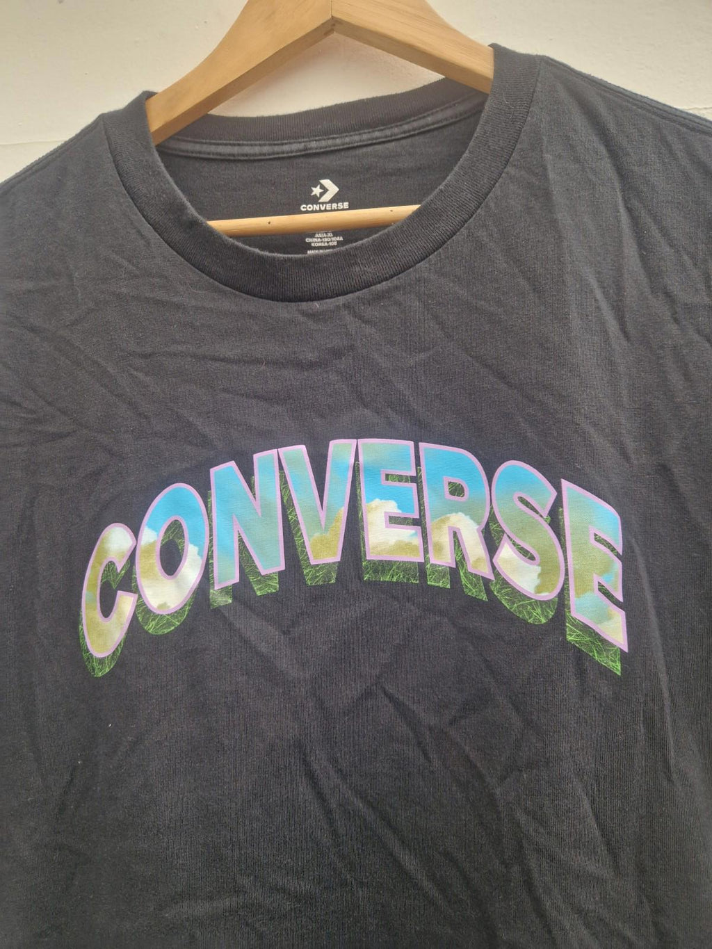 Converse Tie Die Front Spell Out Black Short Sleeved  T- Shirt Gc Uk Size L