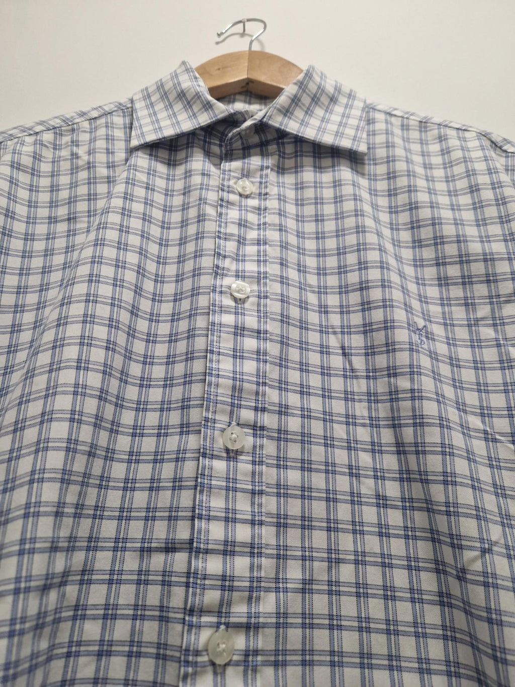 YSL Mens Blue & White Checked Shirt Cotton Preowened  Uk Size M Gc