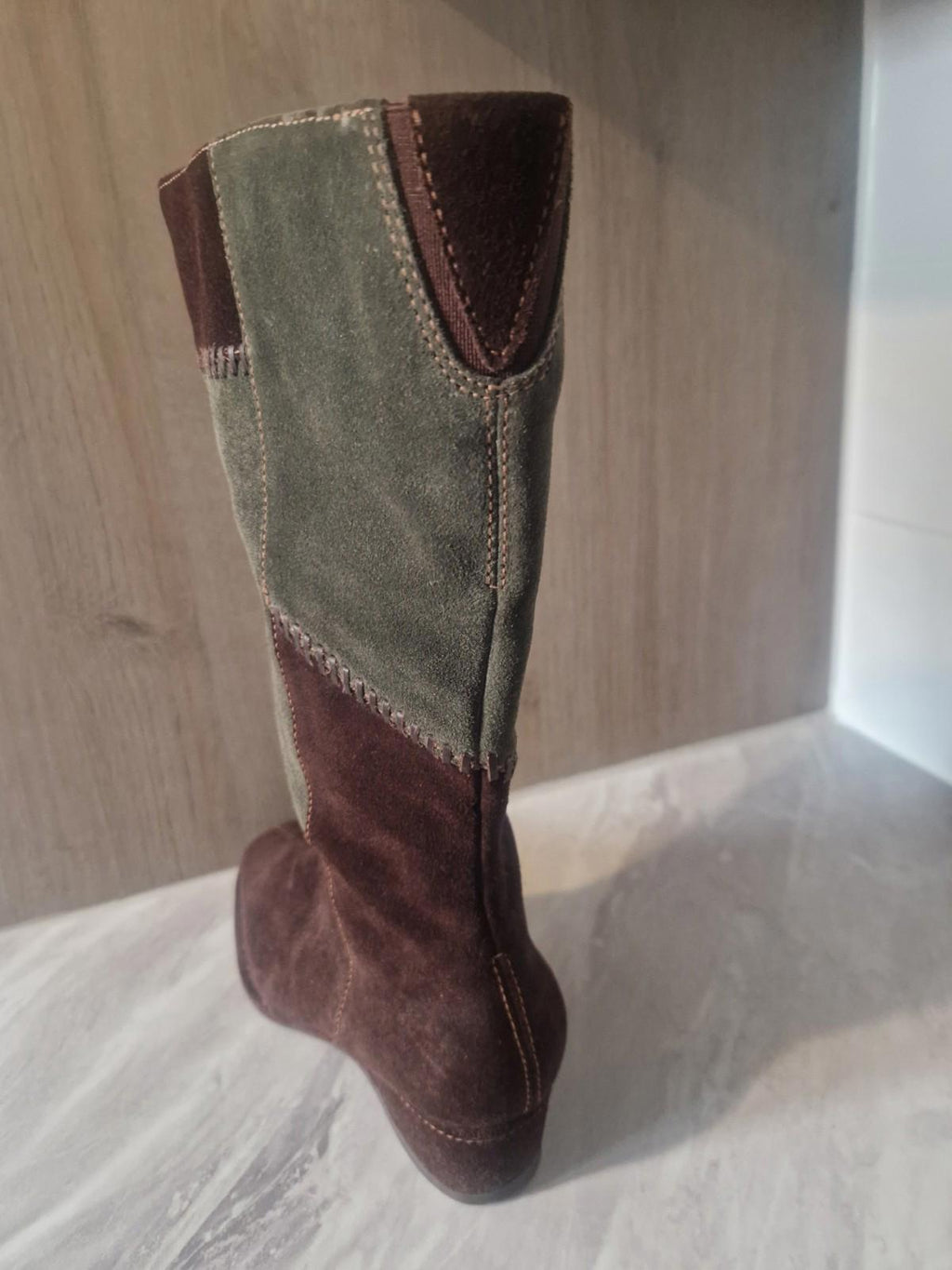 K By Clarks Ladies Suede Brown & Green Patchwork Wedge  Boots Full Side Zip Uk 5