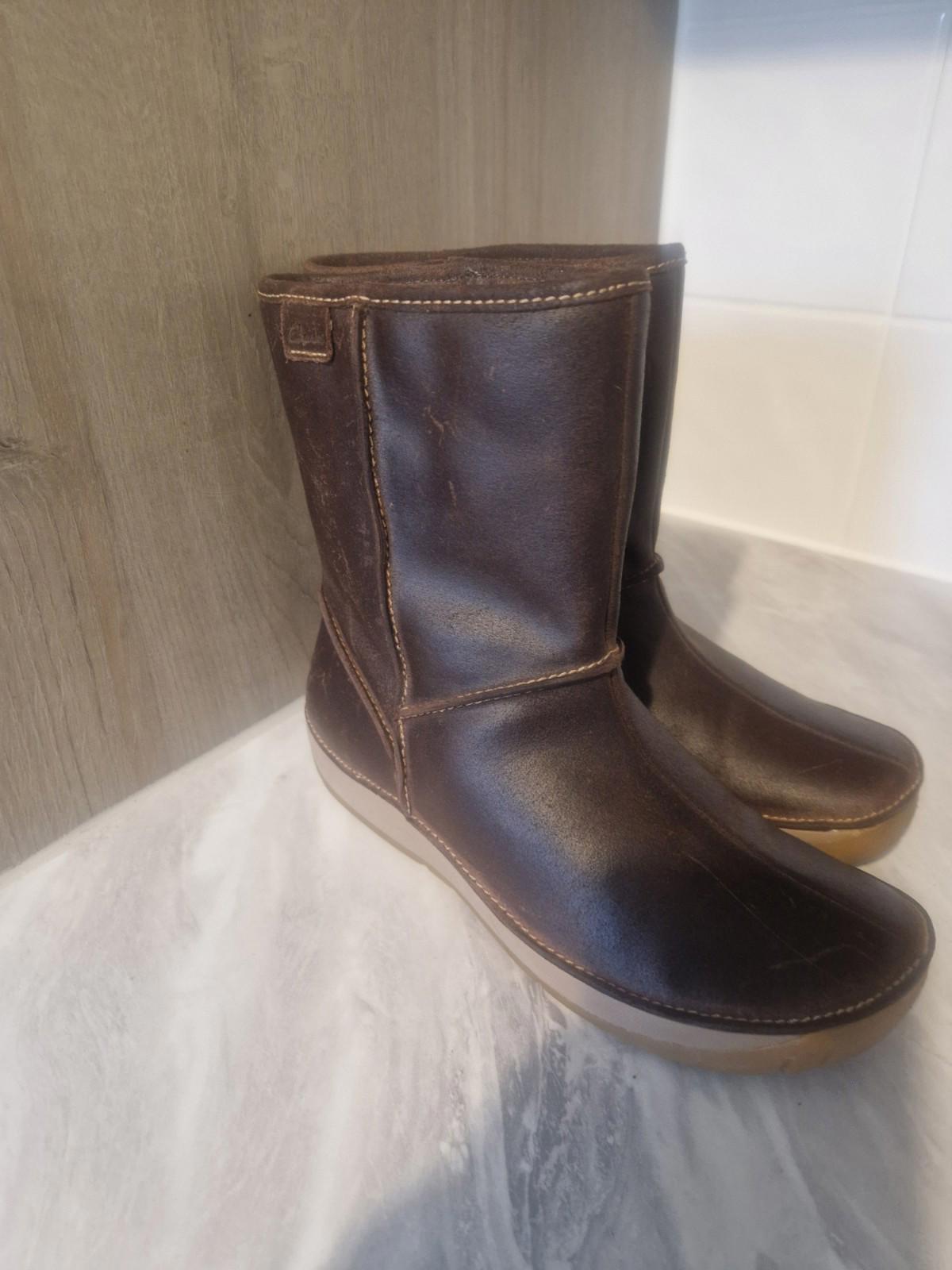 Clarks Ladies Flat Brown Leather Ankle Boots Wool Lined Uk Size 4.5 D Gc