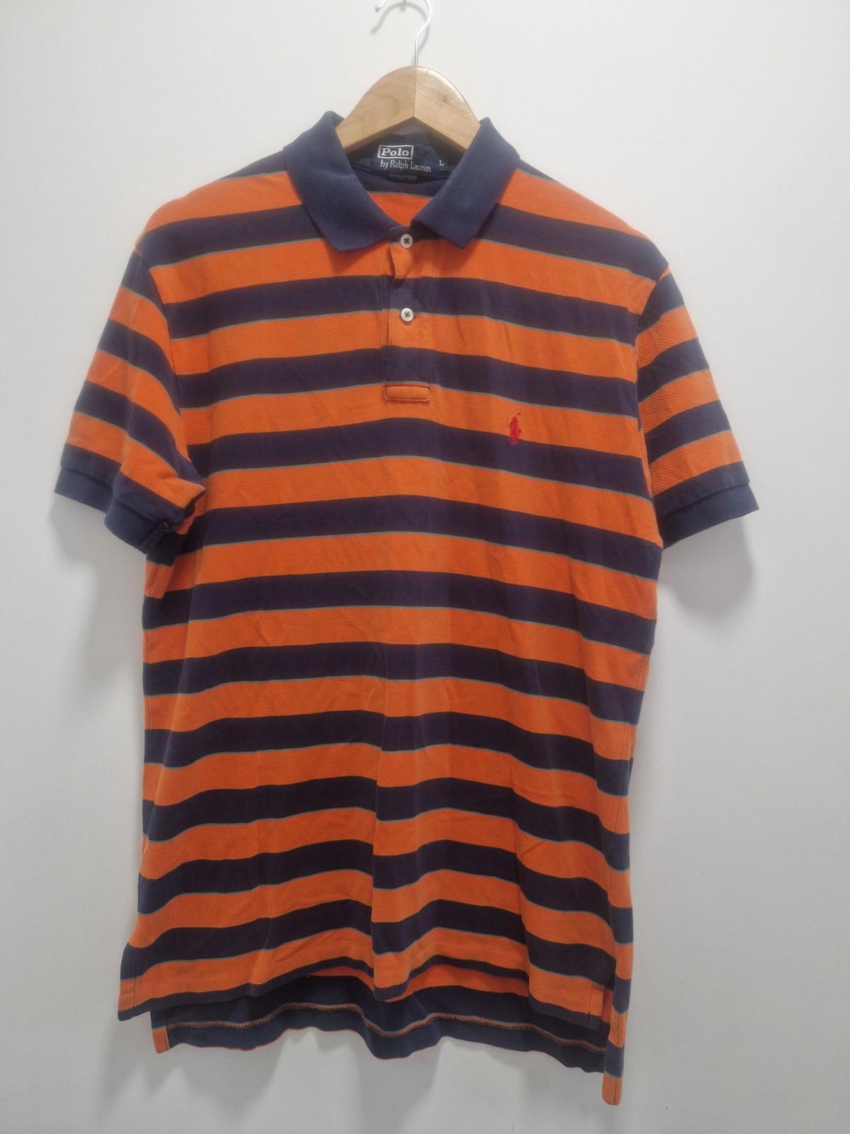 Vintage Ralph Lauren Navy & Orange Striped Polo Shirt Uk L Gc