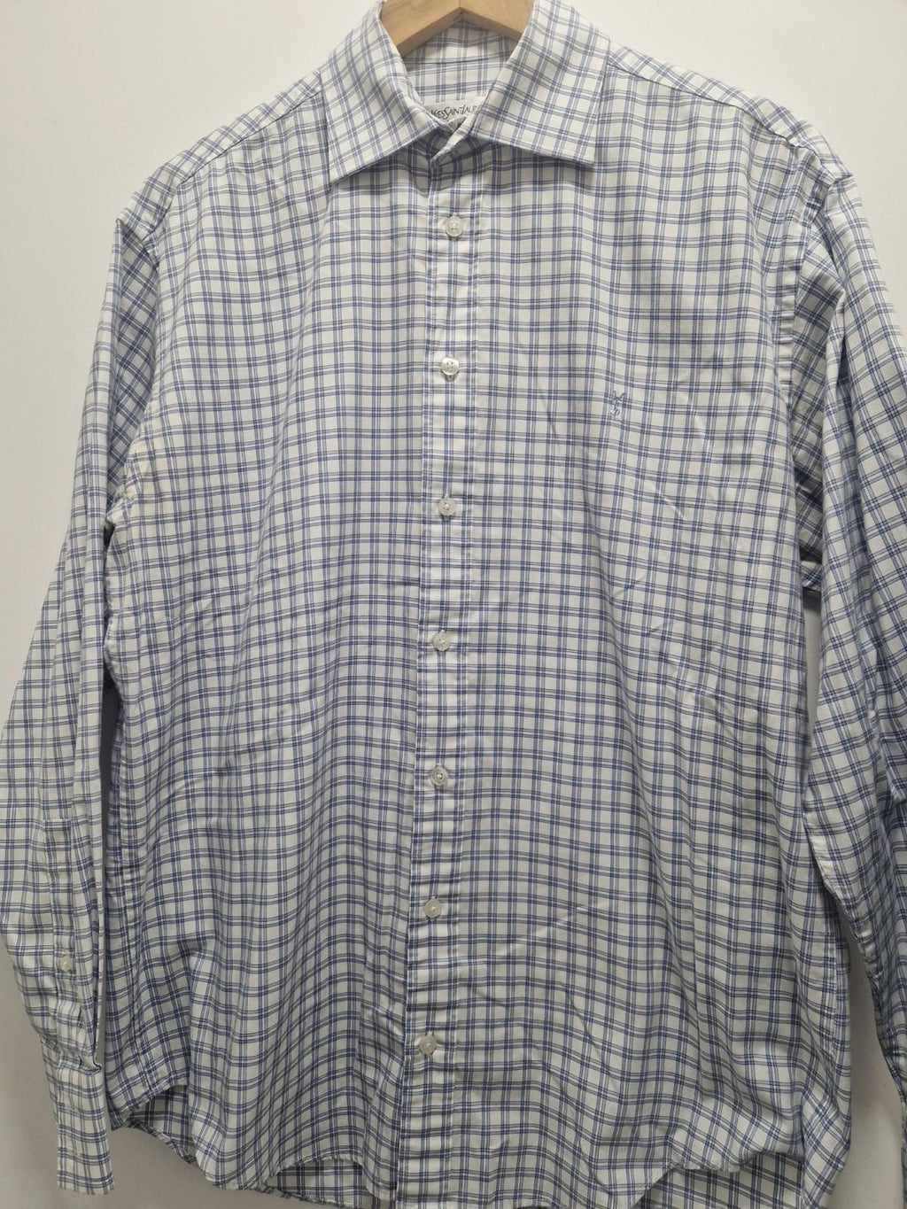 YSL Mens Blue & White Checked Shirt Cotton Preowened  Uk Size M Gc