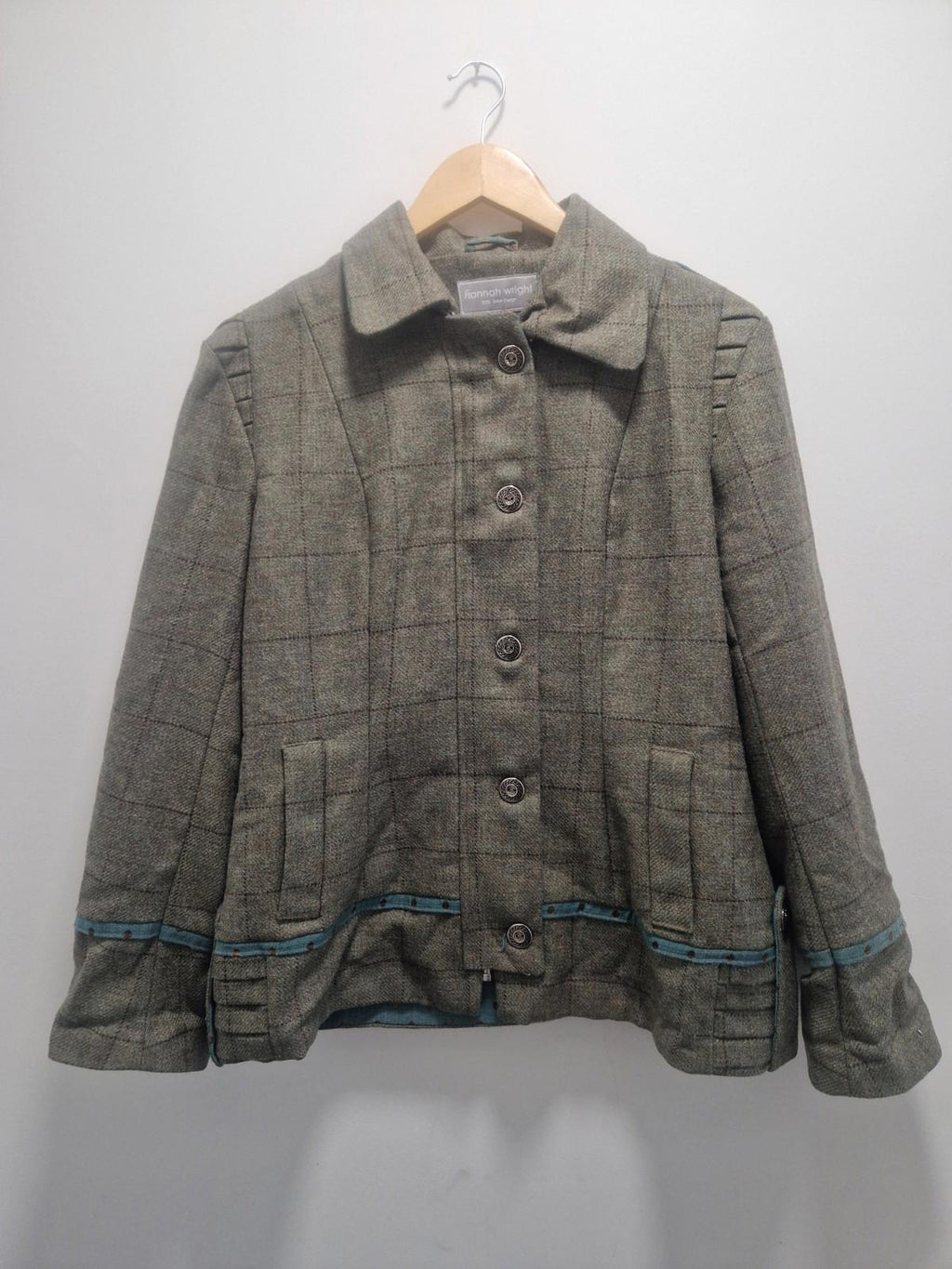Hannah Wright Ladies Beautiful Check Tweed  Blue Trim Jacket Uk 12 Made In Wales