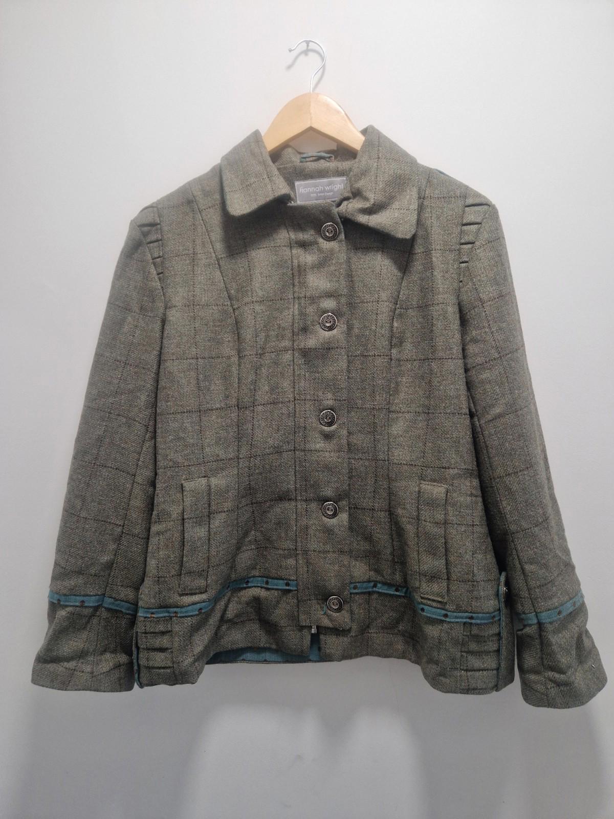 Hannah Wright Ladies Beautiful Check Tweed  Blue Trim Jacket Uk 12 Made In Wales