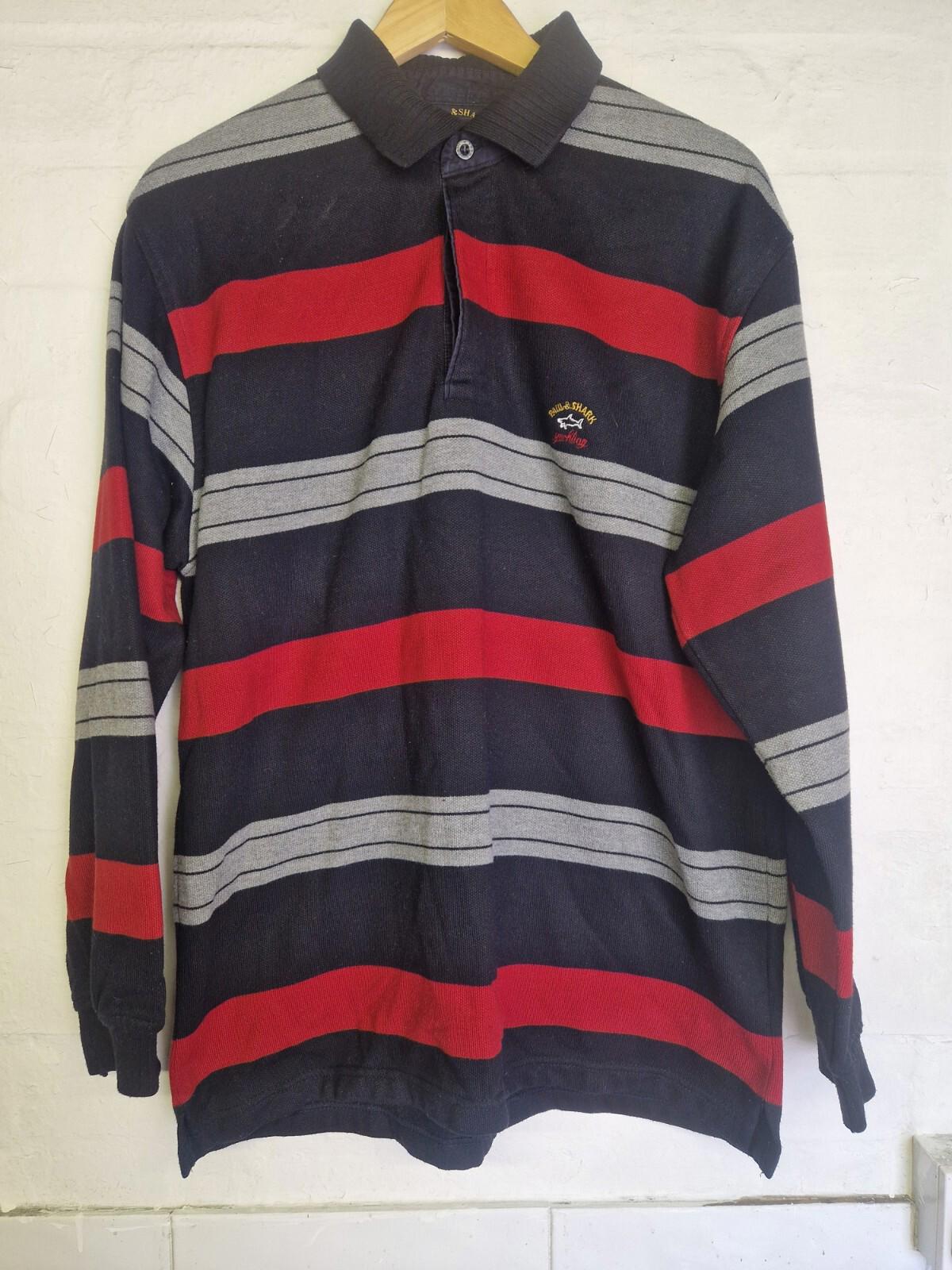 Paul & Shark Yachting Long Sleeve Polo Striped Shirt Fleece Lined Uk Size L Gc